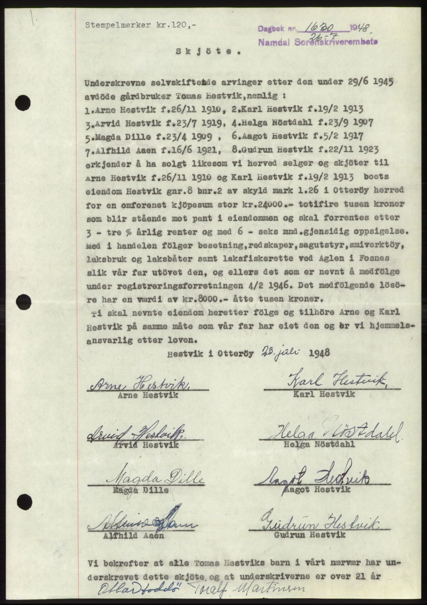 Namdal sorenskriveri, SAT/A-4133/1/2/2C: Pantebok nr. -, 1948-1948, Dagboknr: 1630/1948