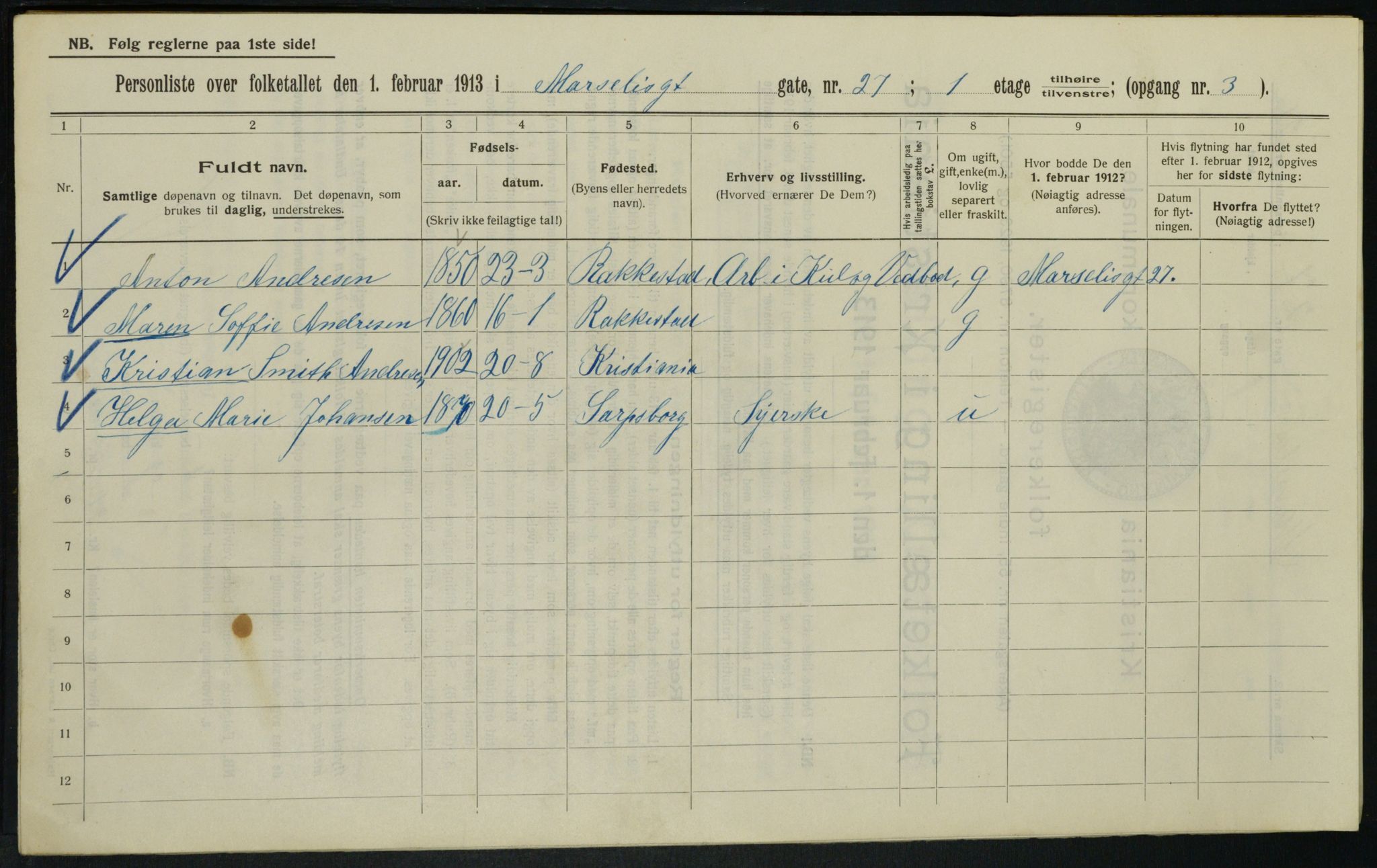 OBA, Kommunal folketelling 1.2.1913 for Kristiania, 1913, s. 64285