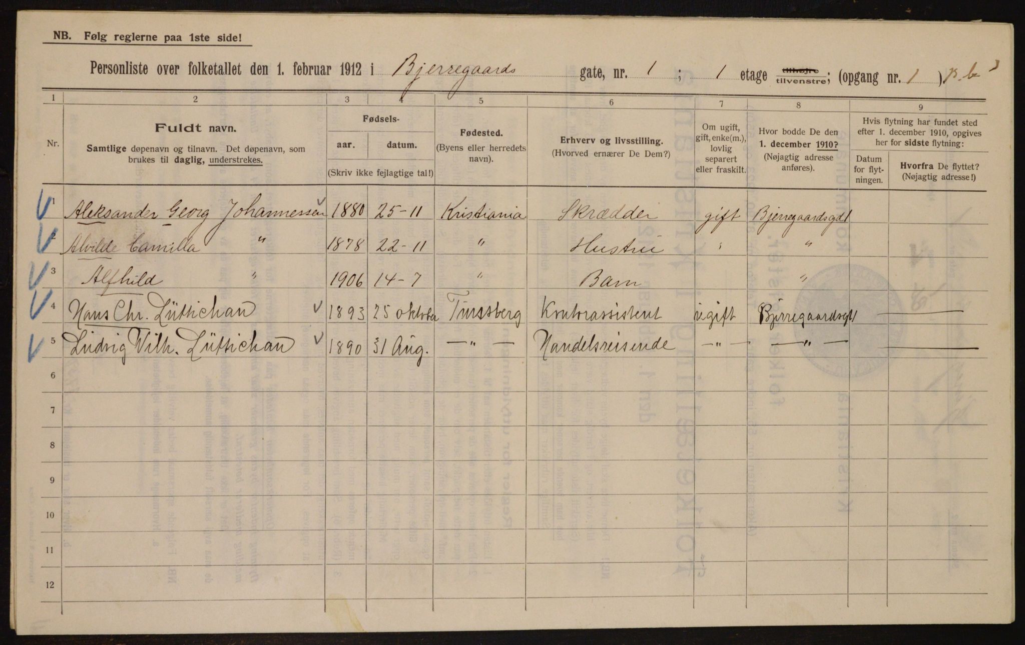 OBA, Kommunal folketelling 1.2.1912 for Kristiania, 1912, s. 5345