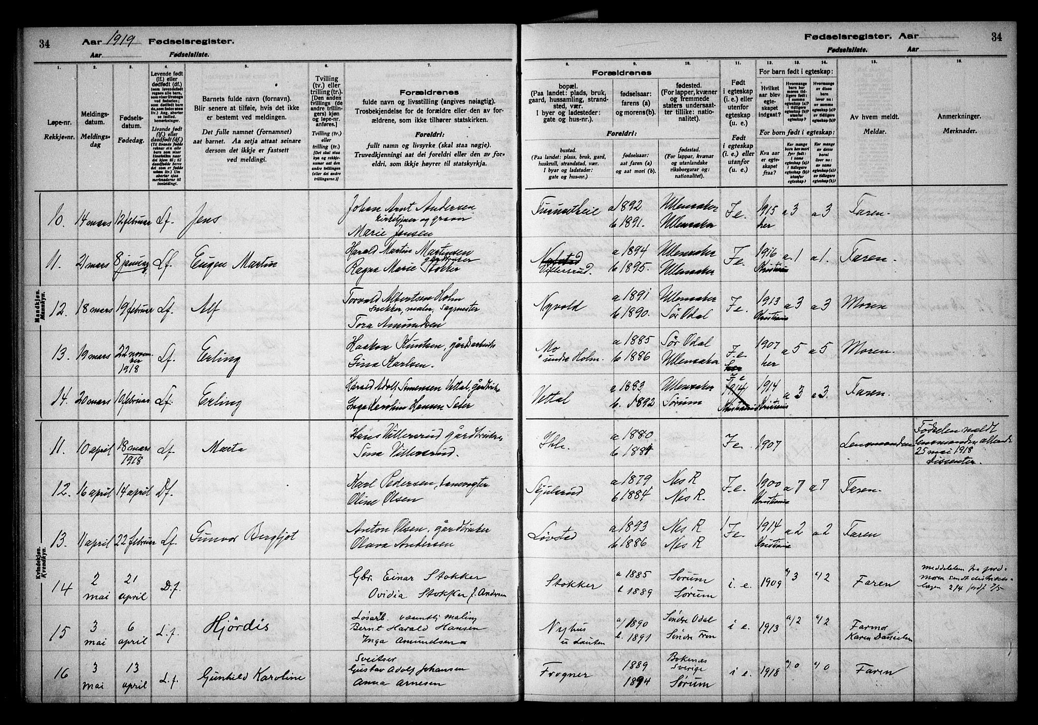 Ullensaker prestekontor Kirkebøker, AV/SAO-A-10236a/J/Ja/L0001: Fødselsregister nr. I 1, 1916-1938, s. 34