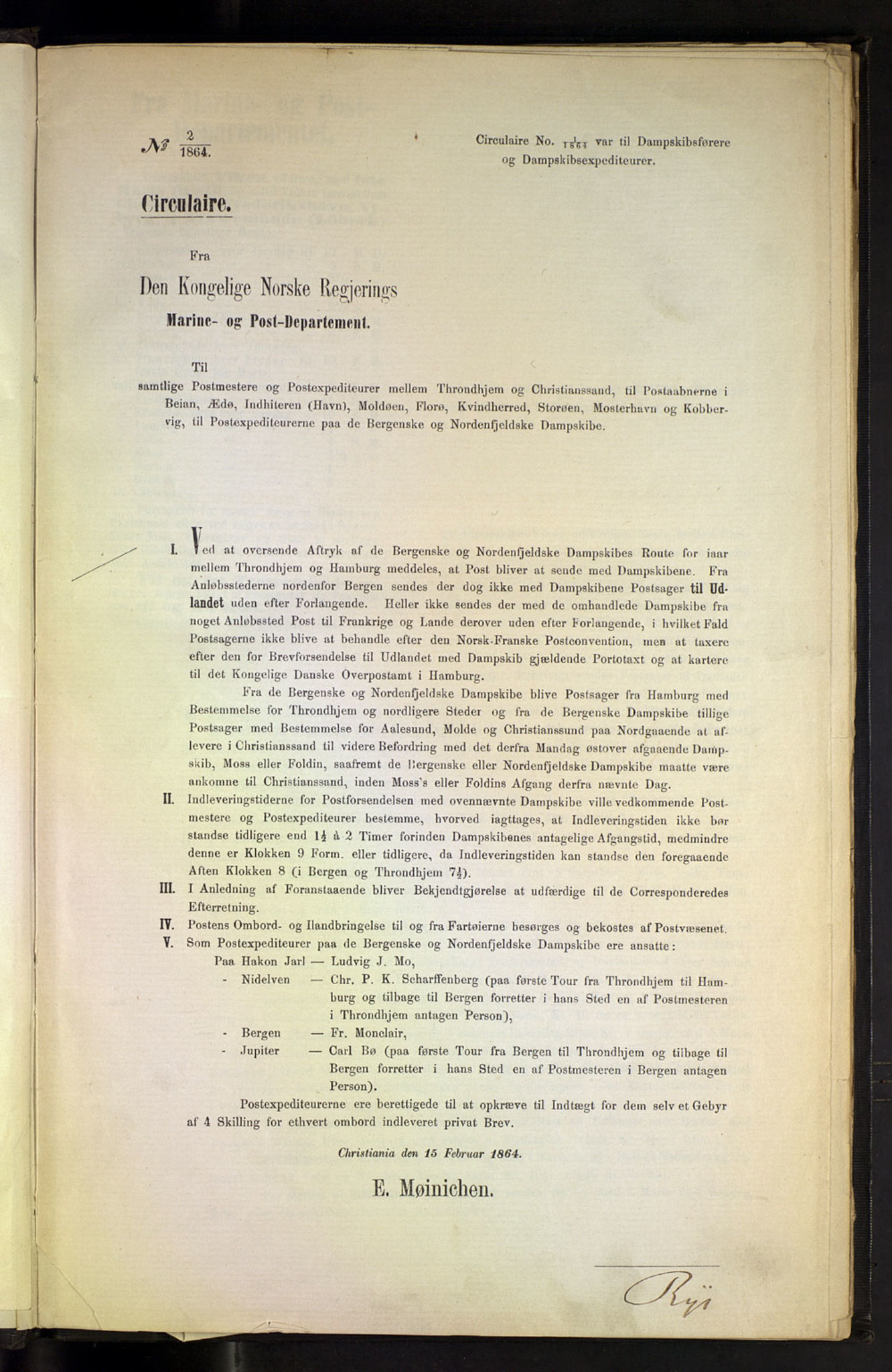 Norges Postmuseums bibliotek, NOPO/-/-/-: Sirkulærer fra Den Kongelige Norske Regjerings Marine- og Postdepartement, 1864