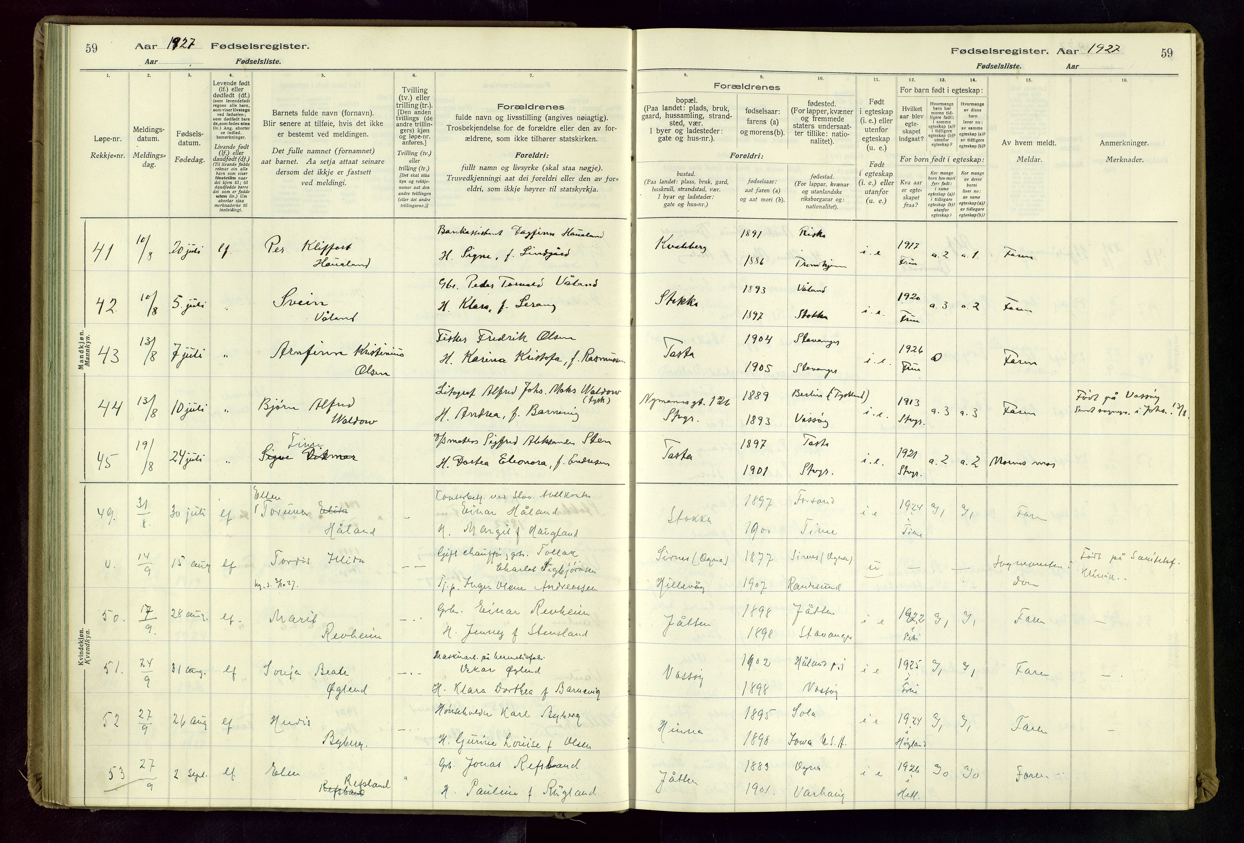 Hetland sokneprestkontor, AV/SAST-A-101826/70/704BA/L0004: Fødselsregister nr. 4, 1923-1937, s. 59