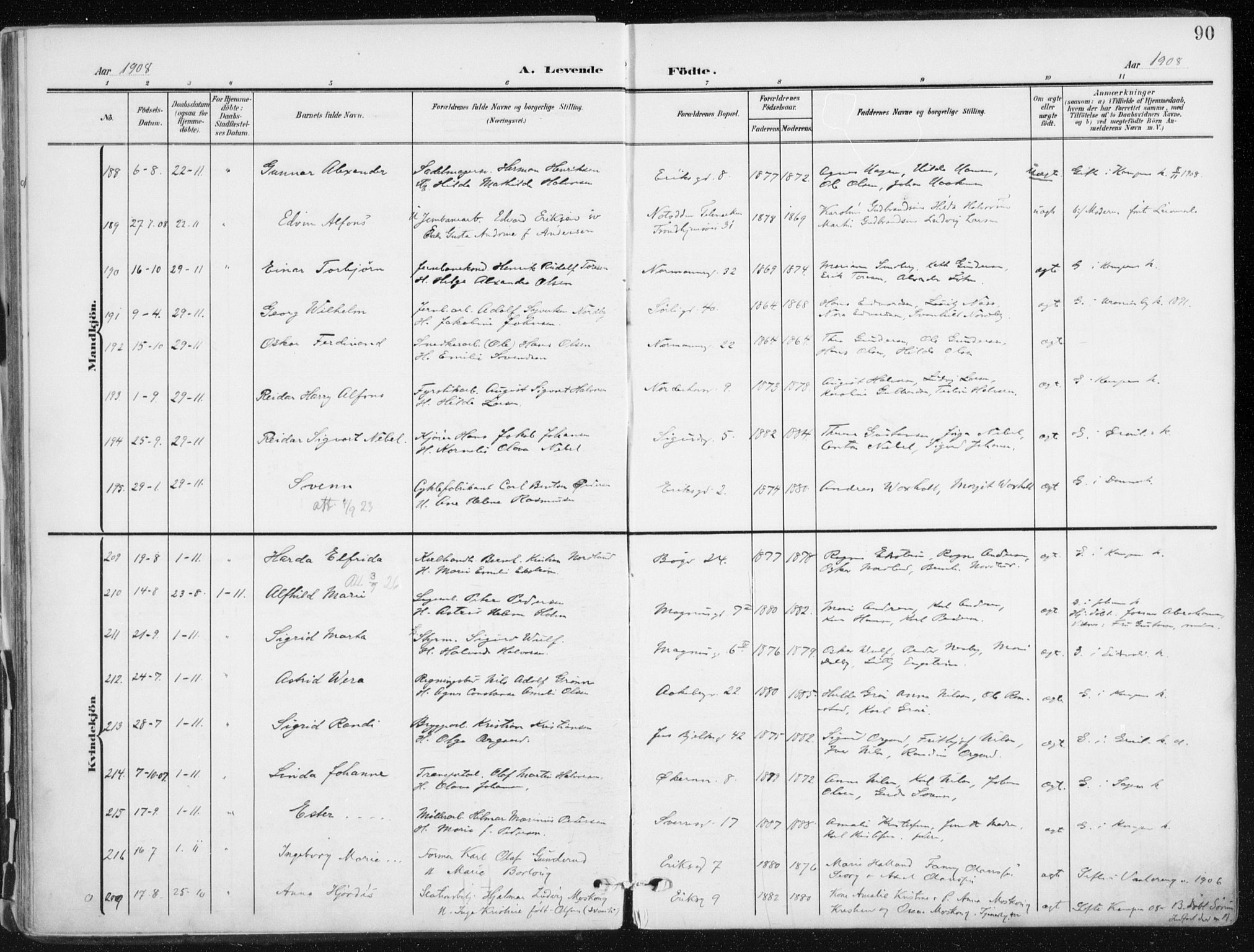 Kampen prestekontor Kirkebøker, AV/SAO-A-10853/F/Fa/L0010: Ministerialbok nr. I 10, 1905-1917, s. 90