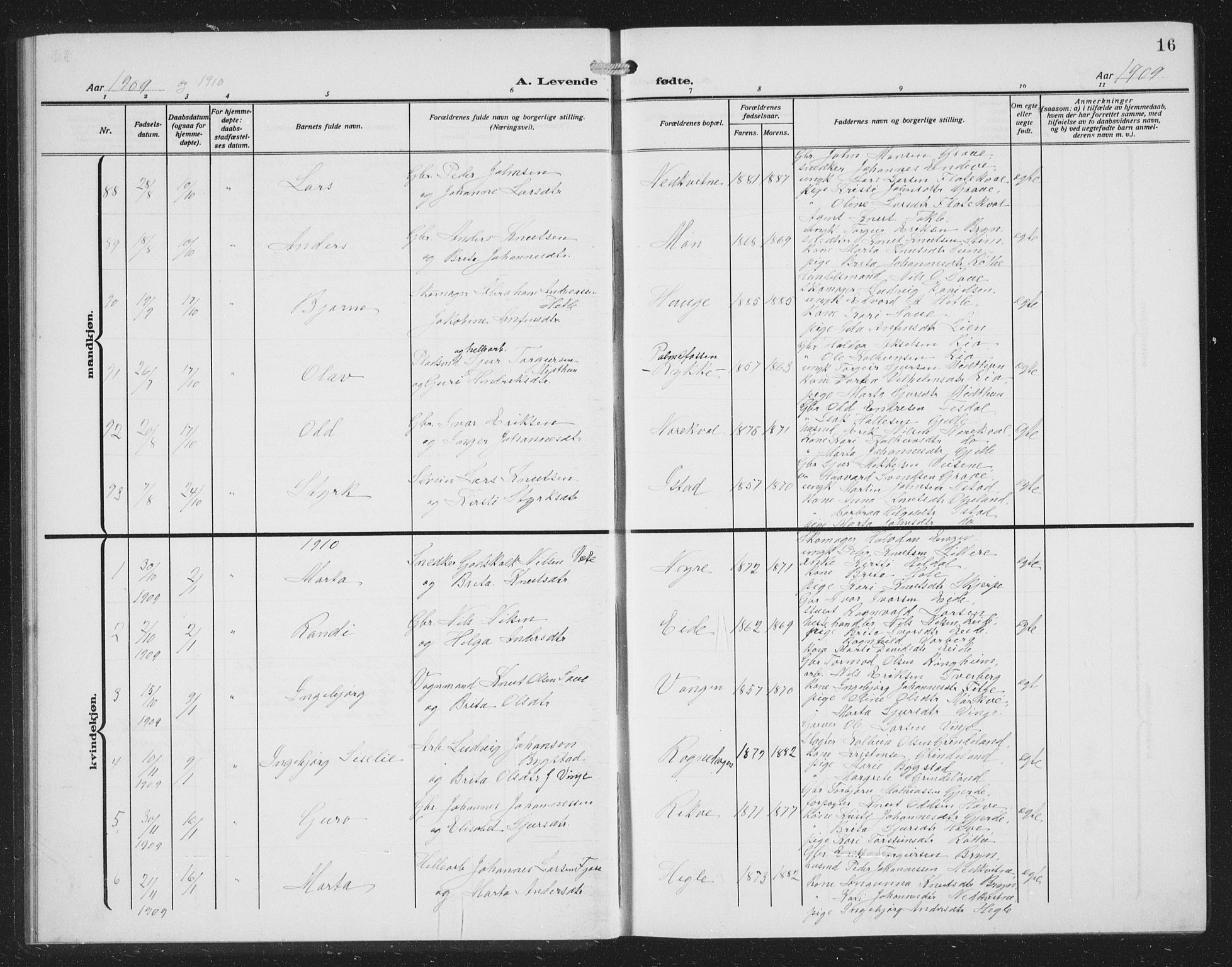 Voss sokneprestembete, AV/SAB-A-79001/H/Hab: Klokkerbok nr. C 3, 1909-1920, s. 16