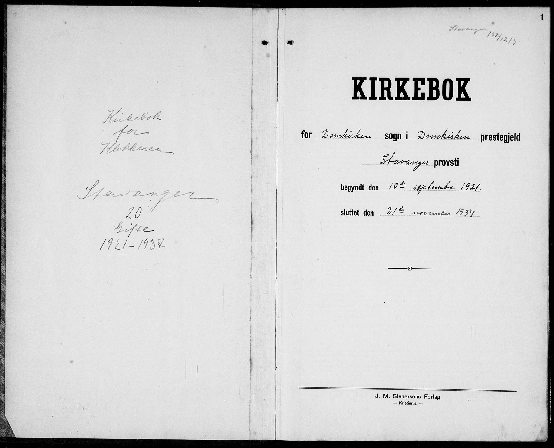 Domkirken sokneprestkontor, AV/SAST-A-101812/001/30/30BB/L0020: Klokkerbok nr. B 20, 1921-1937, s. 1