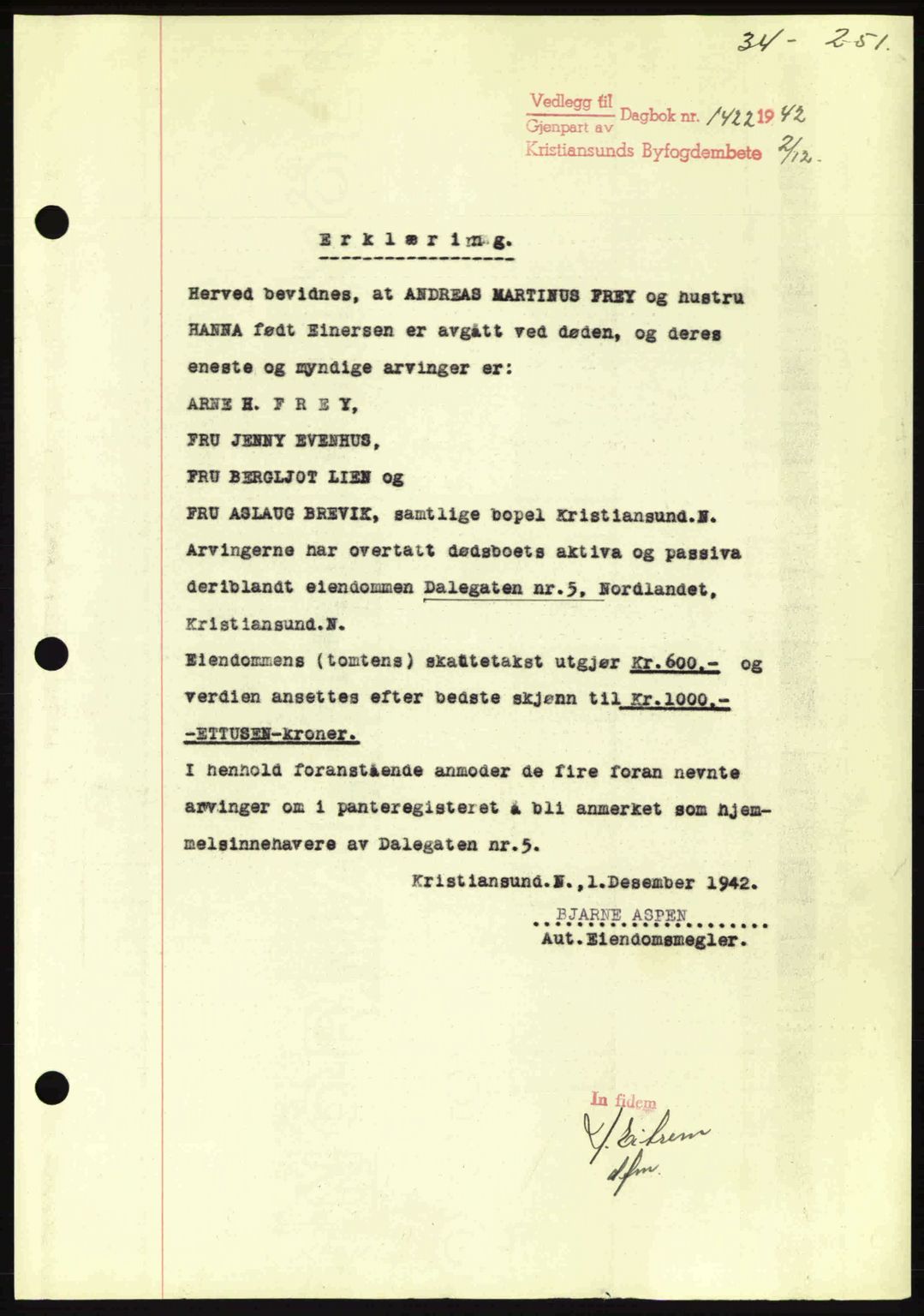 Kristiansund byfogd, AV/SAT-A-4587/A/27: Pantebok nr. 34, 1941-1945, Dagboknr: 1422/1942