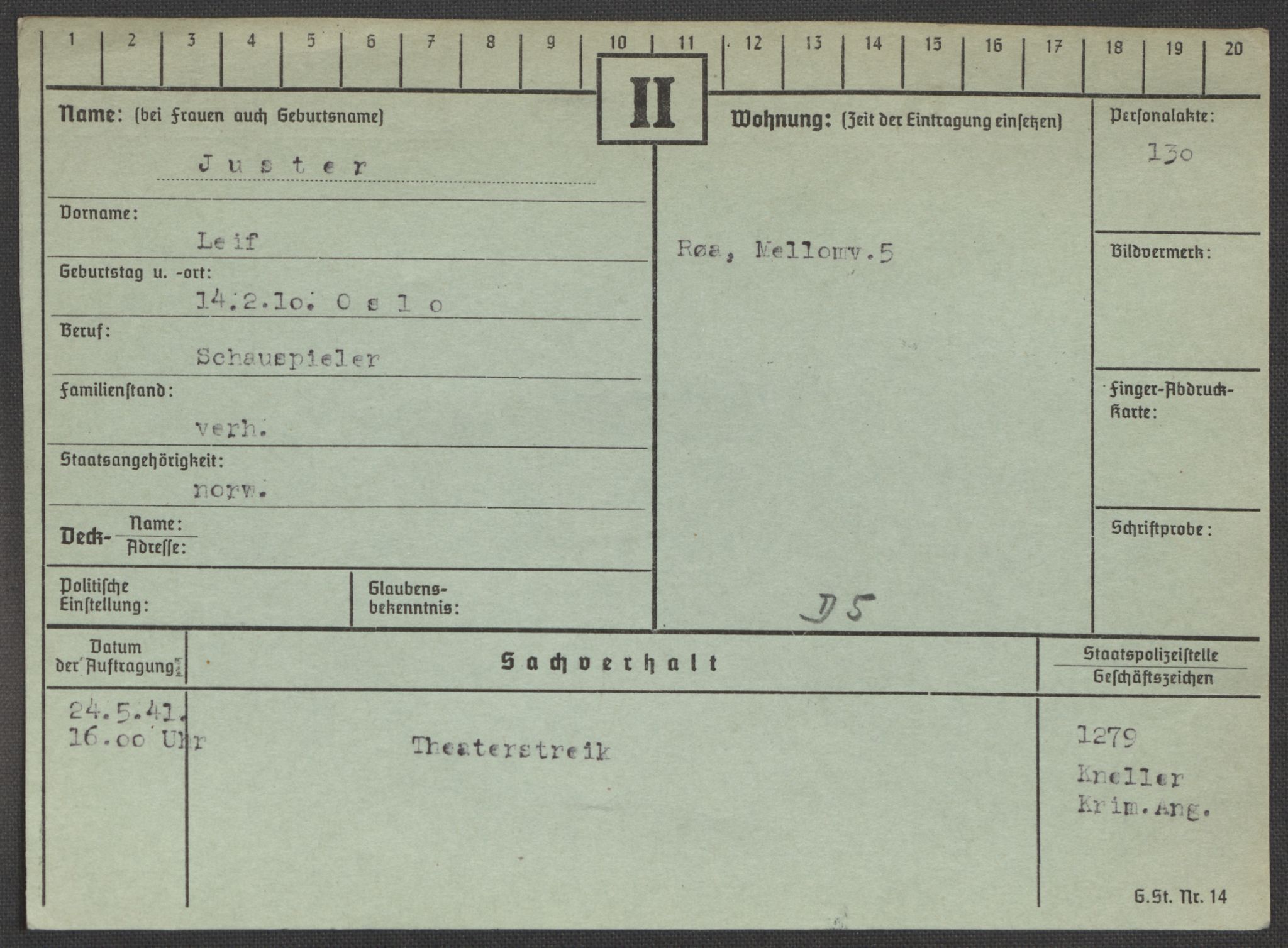 Befehlshaber der Sicherheitspolizei und des SD, AV/RA-RAFA-5969/E/Ea/Eaa/L0005: Register over norske fanger i Møllergata 19: Hø-Kj, 1940-1945, s. 1067