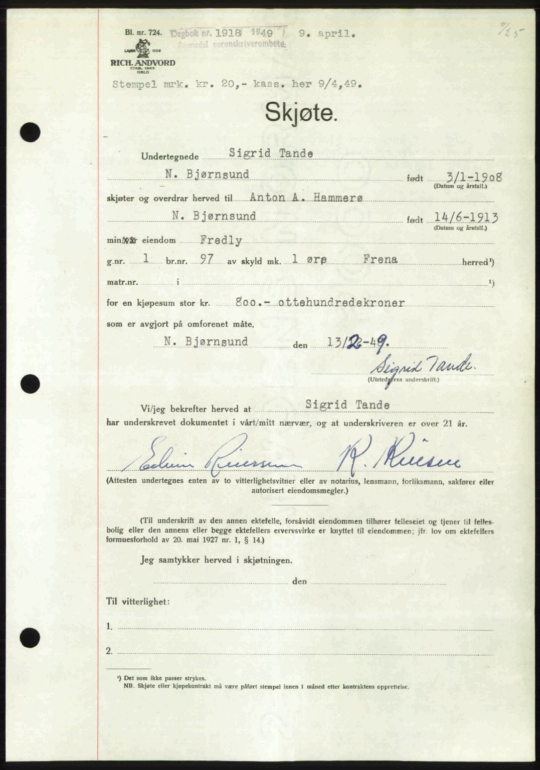 Romsdal sorenskriveri, AV/SAT-A-4149/1/2/2C: Pantebok nr. A29, 1949-1949, Dagboknr: 1018/1949