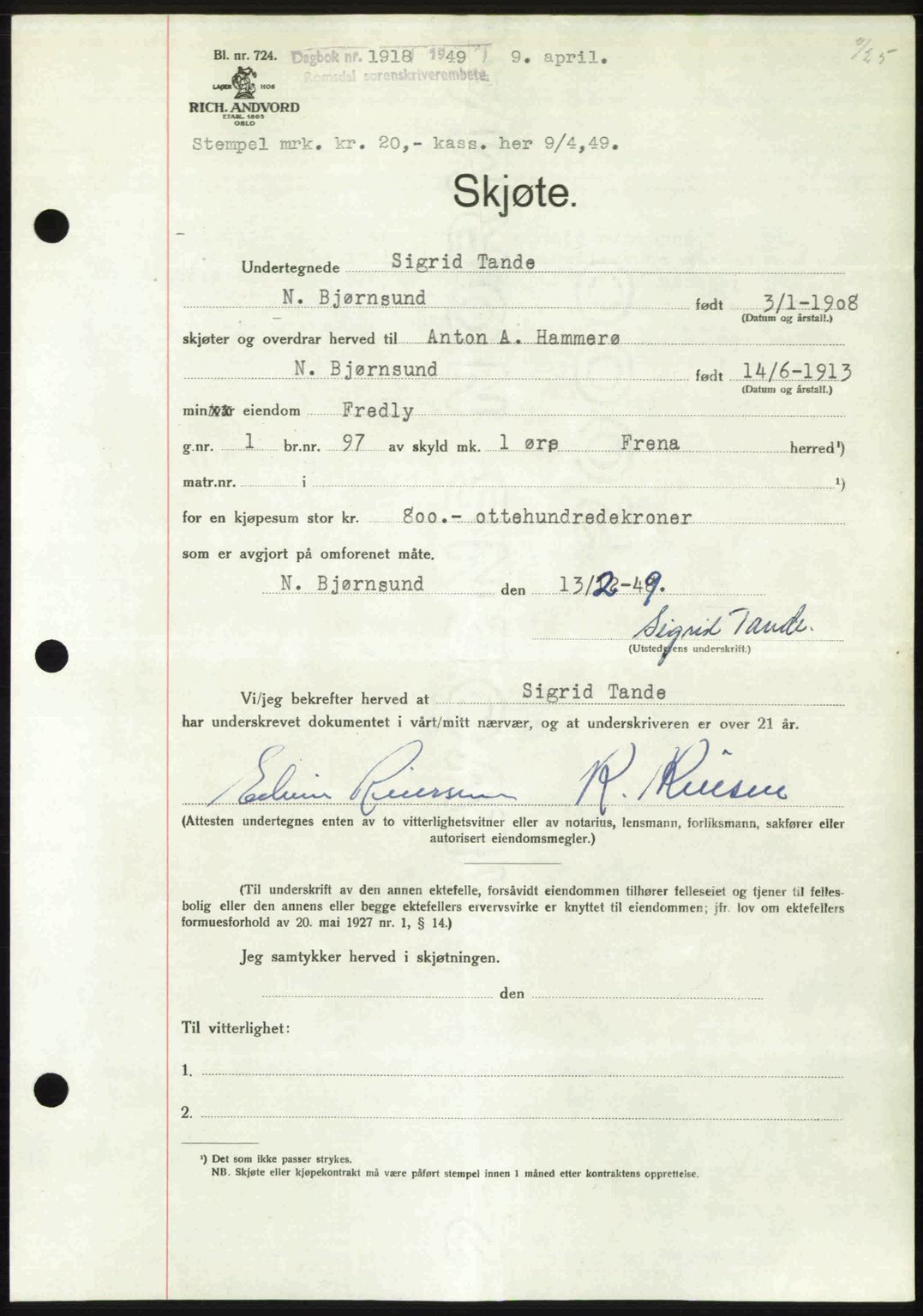 Romsdal sorenskriveri, SAT/A-4149/1/2/2C: Pantebok nr. A29, 1949-1949, Dagboknr: 1018/1949