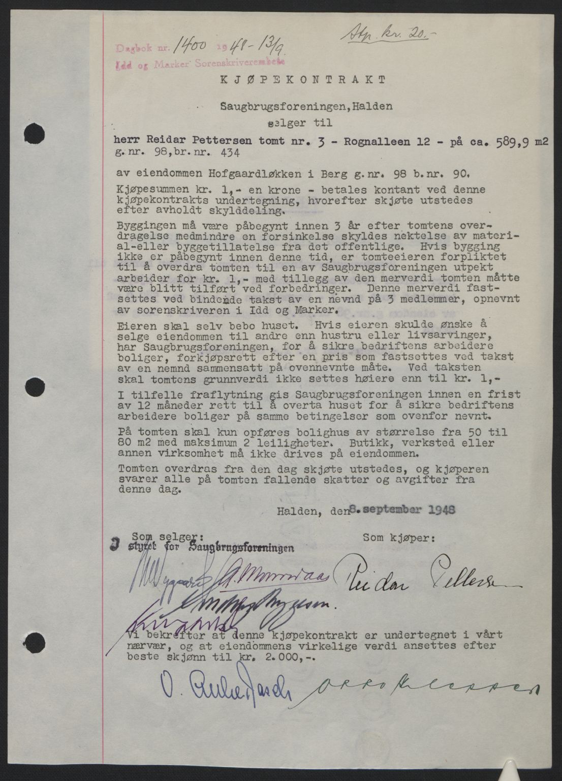 Idd og Marker sorenskriveri, SAO/A-10283/G/Gb/Gbb/L0011: Pantebok nr. A11, 1948-1949, Dagboknr: 1400/1948