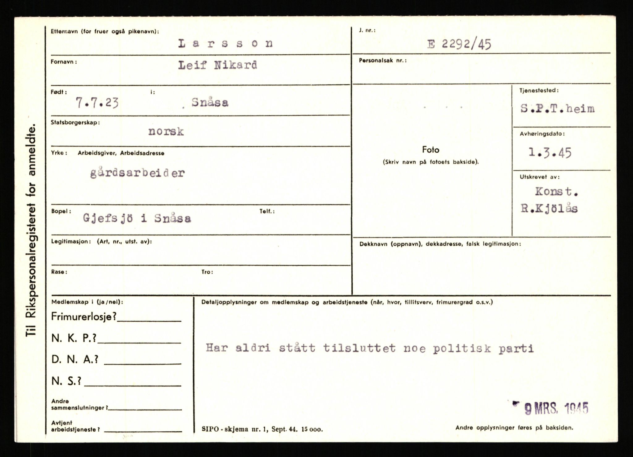 Statspolitiet - Hovedkontoret / Osloavdelingen, AV/RA-S-1329/C/Ca/L0009: Knutsen - Limstrand, 1943-1945, s. 3977