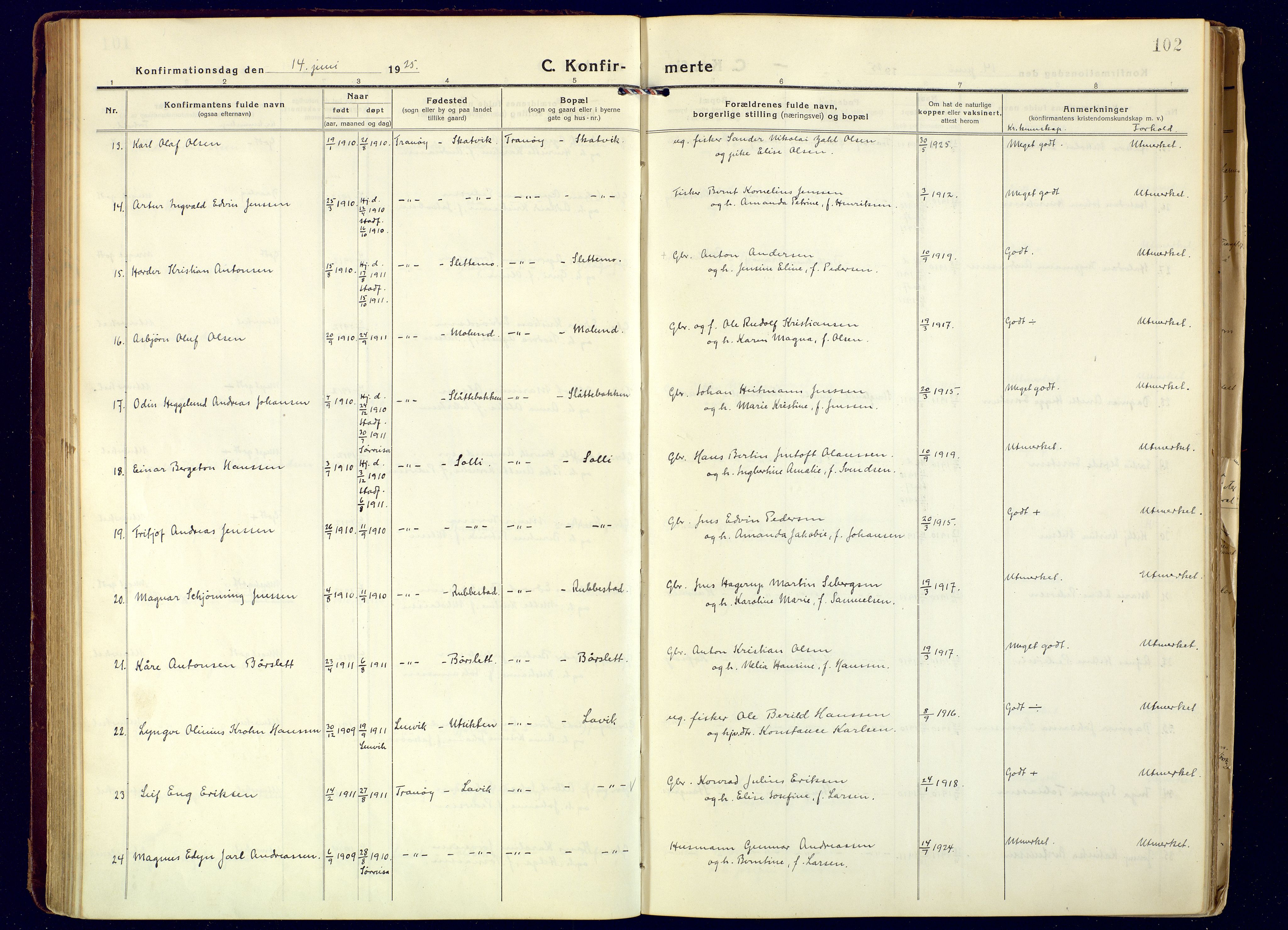 Tranøy sokneprestkontor, AV/SATØ-S-1313/I/Ia/Iaa/L0016kirke: Ministerialbok nr. 16, 1919-1932, s. 102