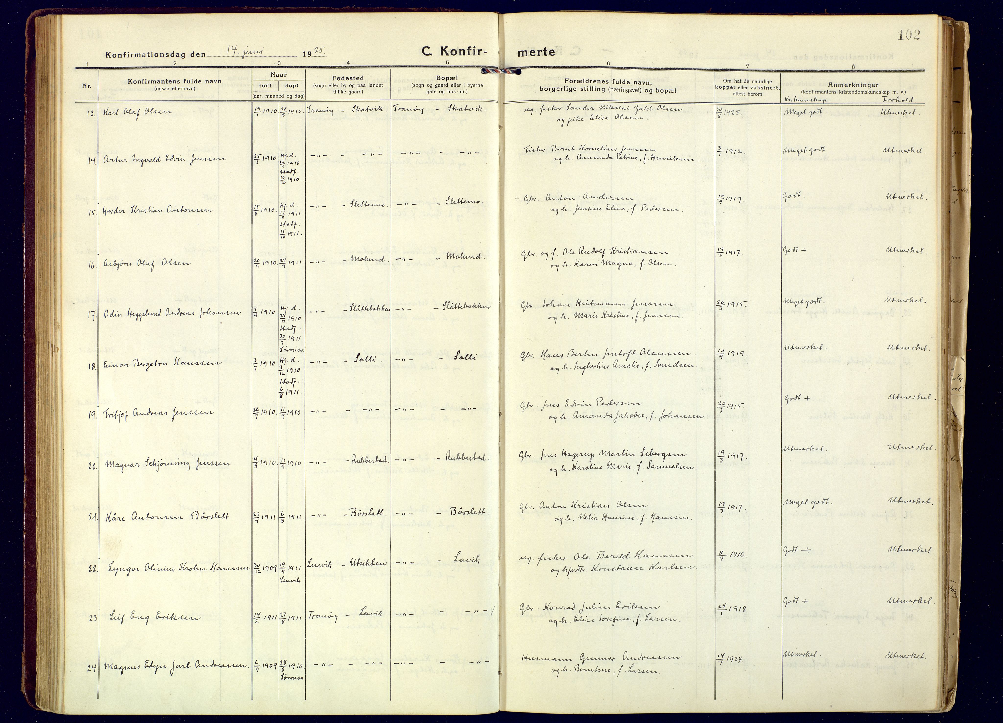 Tranøy sokneprestkontor, SATØ/S-1313/I/Ia/Iaa/L0016kirke: Ministerialbok nr. 16, 1919-1932, s. 102