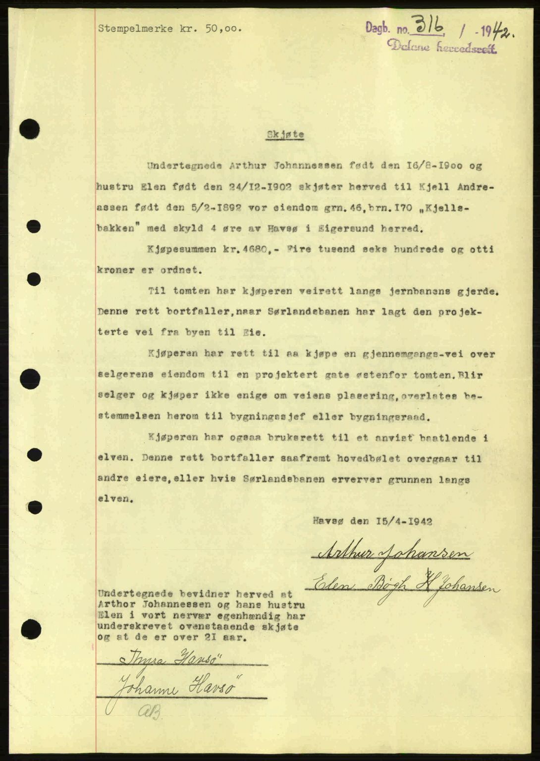 Dalane sorenskriveri, SAST/A-100309/02/G/Gb/L0045: Pantebok nr. A6, 1941-1942, Dagboknr: 316/1942