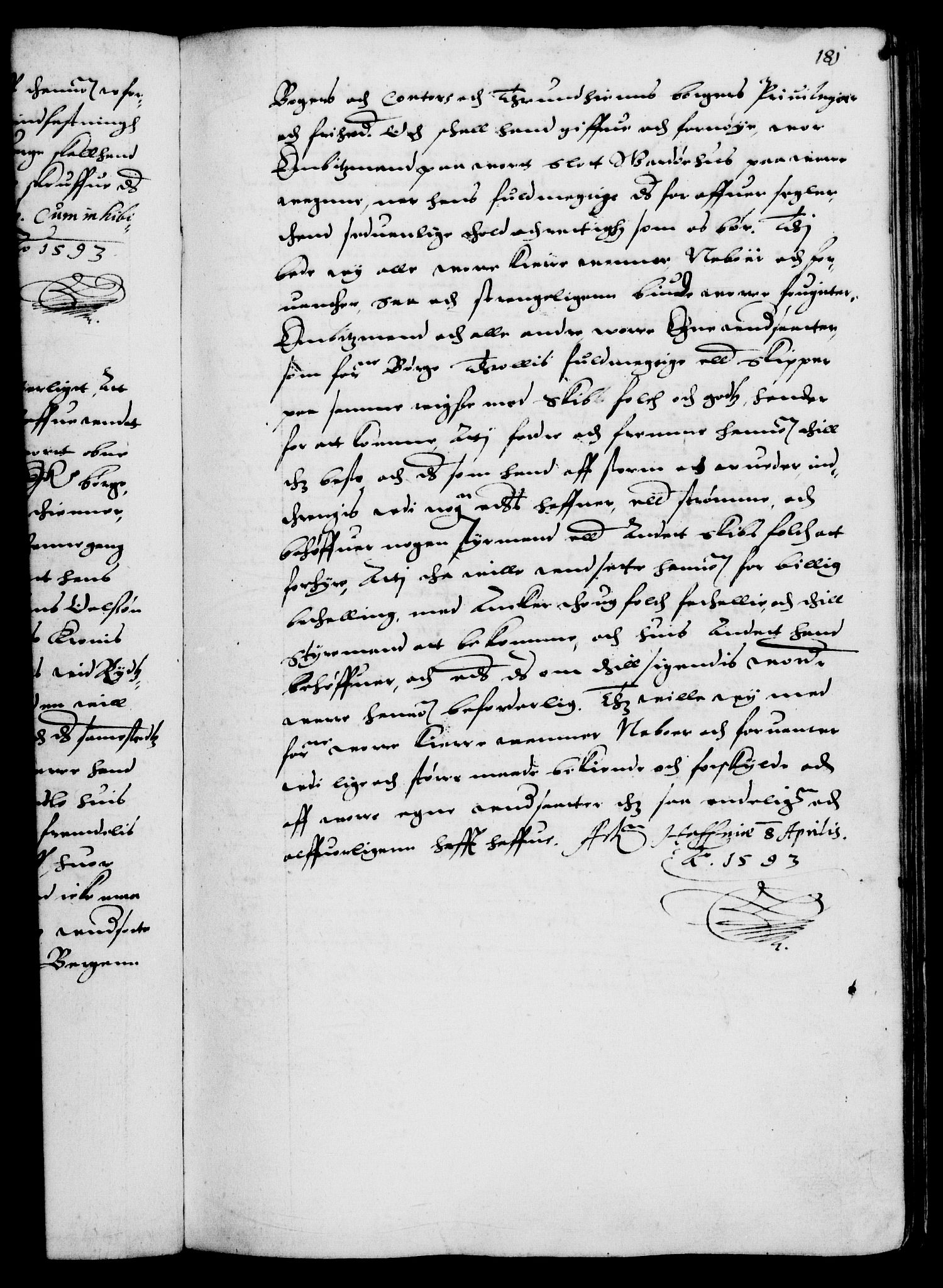 Danske Kanselli 1572-1799, RA/EA-3023/F/Fc/Fca/Fcaa/L0002: Norske registre (mikrofilm), 1588-1596, s. 181a