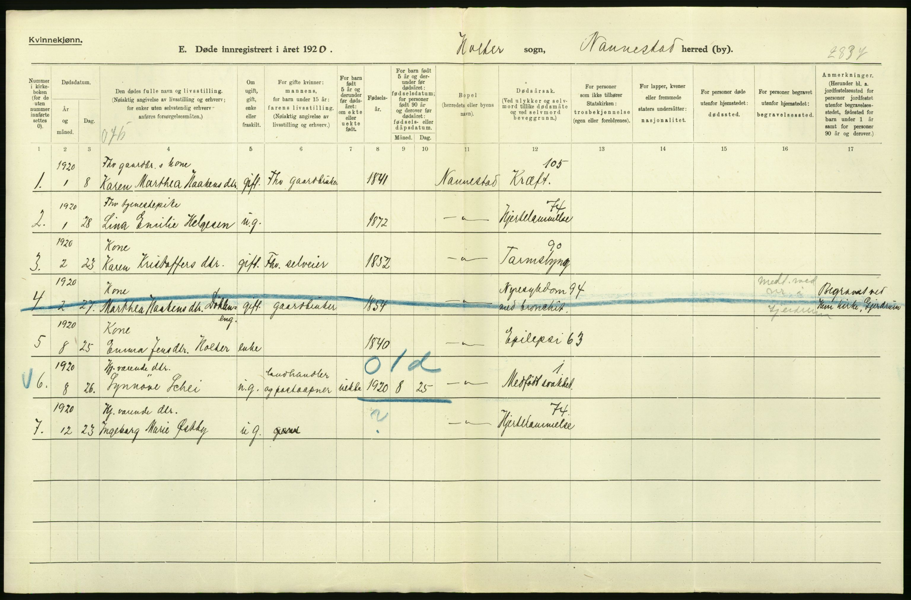 Statistisk sentralbyrå, Sosiodemografiske emner, Befolkning, RA/S-2228/D/Df/Dfb/Dfbj/L0007: Akershus fylke: Døde. Bygder og byer., 1920, s. 476