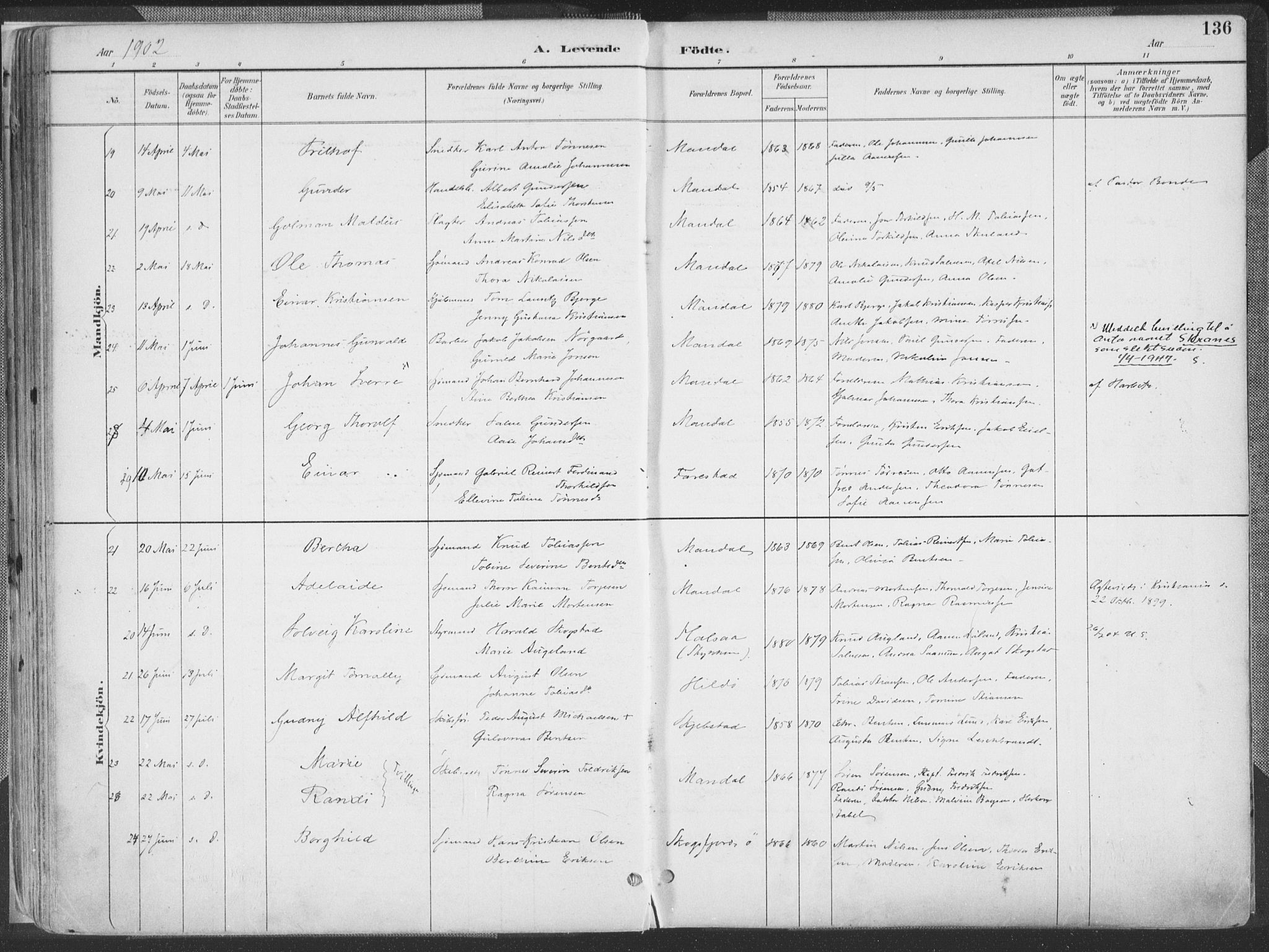 Mandal sokneprestkontor, SAK/1111-0030/F/Fa/Faa/L0018: Ministerialbok nr. A 18, 1890-1905, s. 136