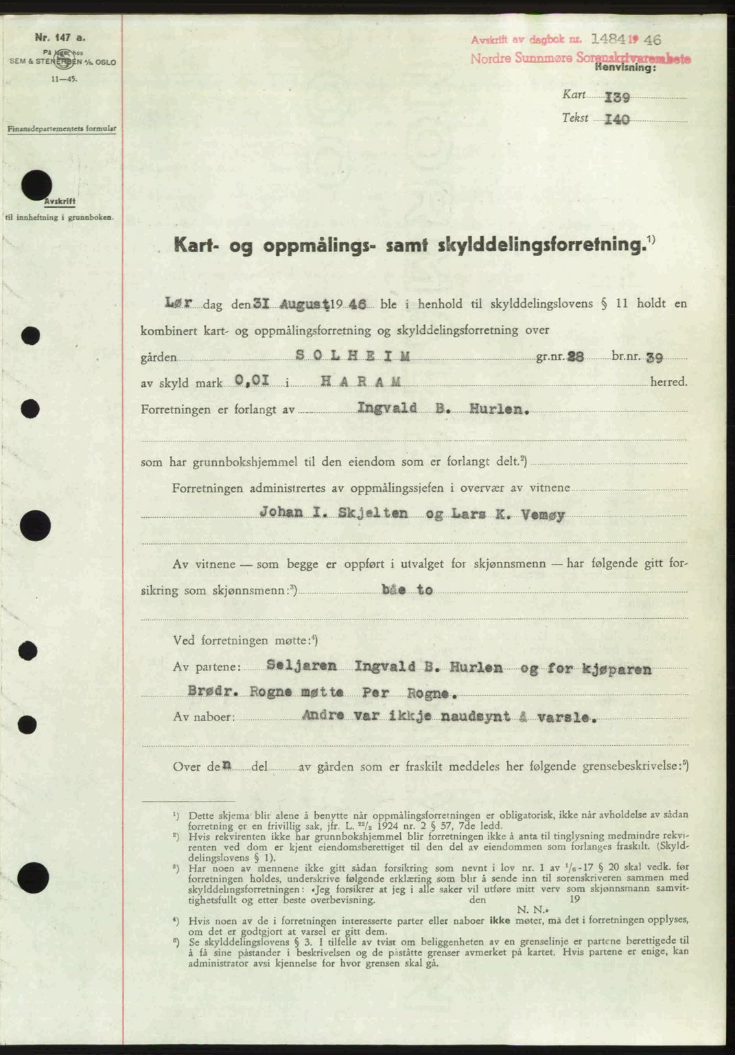 Nordre Sunnmøre sorenskriveri, SAT/A-0006/1/2/2C/2Ca: Pantebok nr. A22, 1946-1946, Dagboknr: 1484/1946