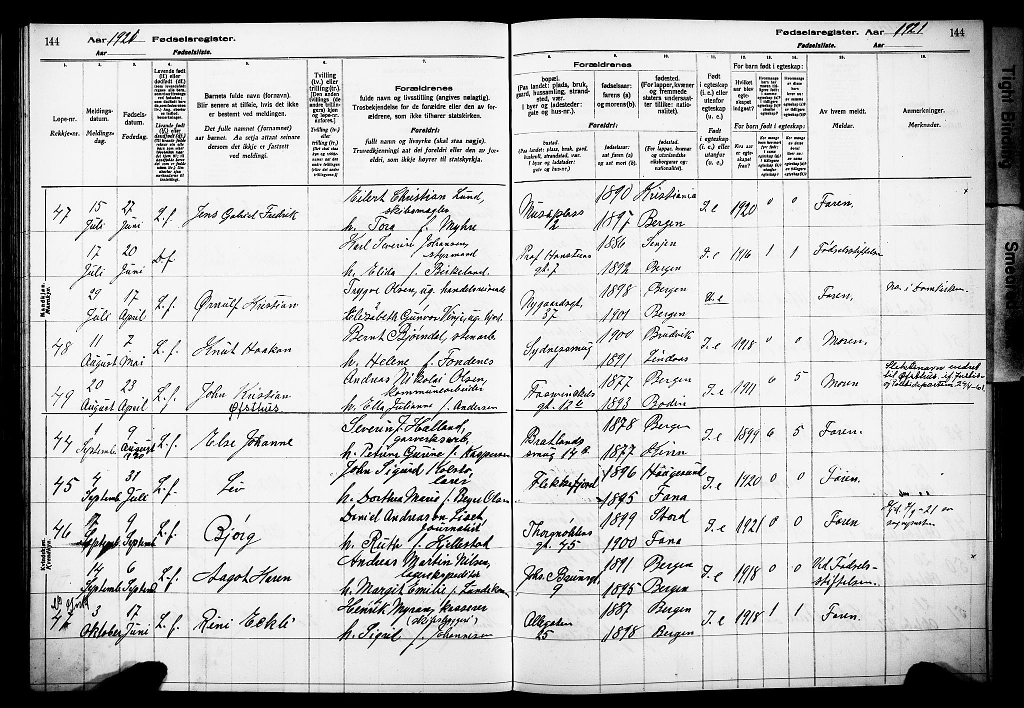 Johanneskirken sokneprestembete, AV/SAB-A-76001/I/Id/L00A1: Fødselsregister nr. A 1, 1916-1924, s. 144