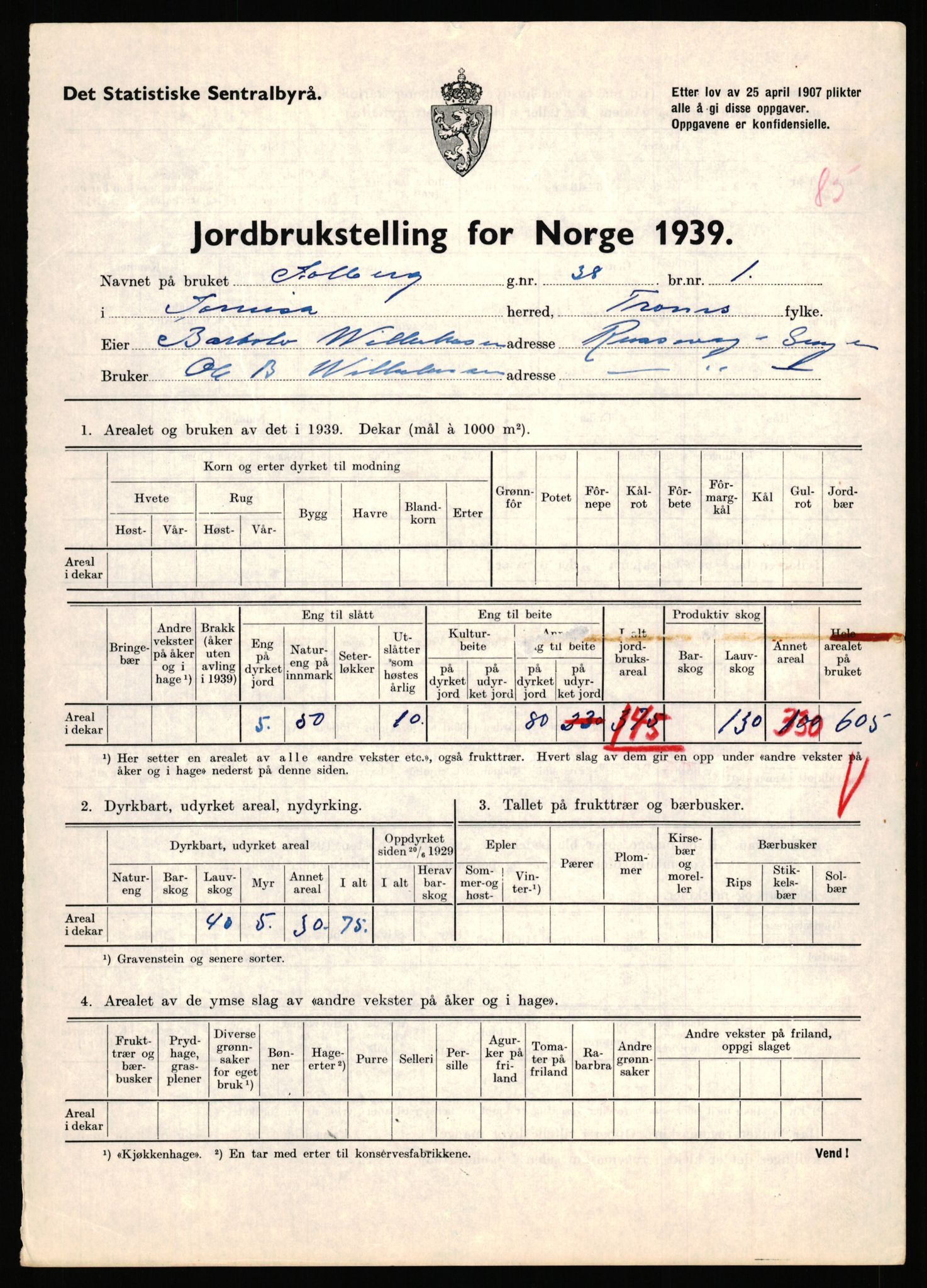 Statistisk sentralbyrå, Næringsøkonomiske emner, Jordbruk, skogbruk, jakt, fiske og fangst, AV/RA-S-2234/G/Gb/L0341: Troms: Sørreisa og Tranøy, 1939, s. 790