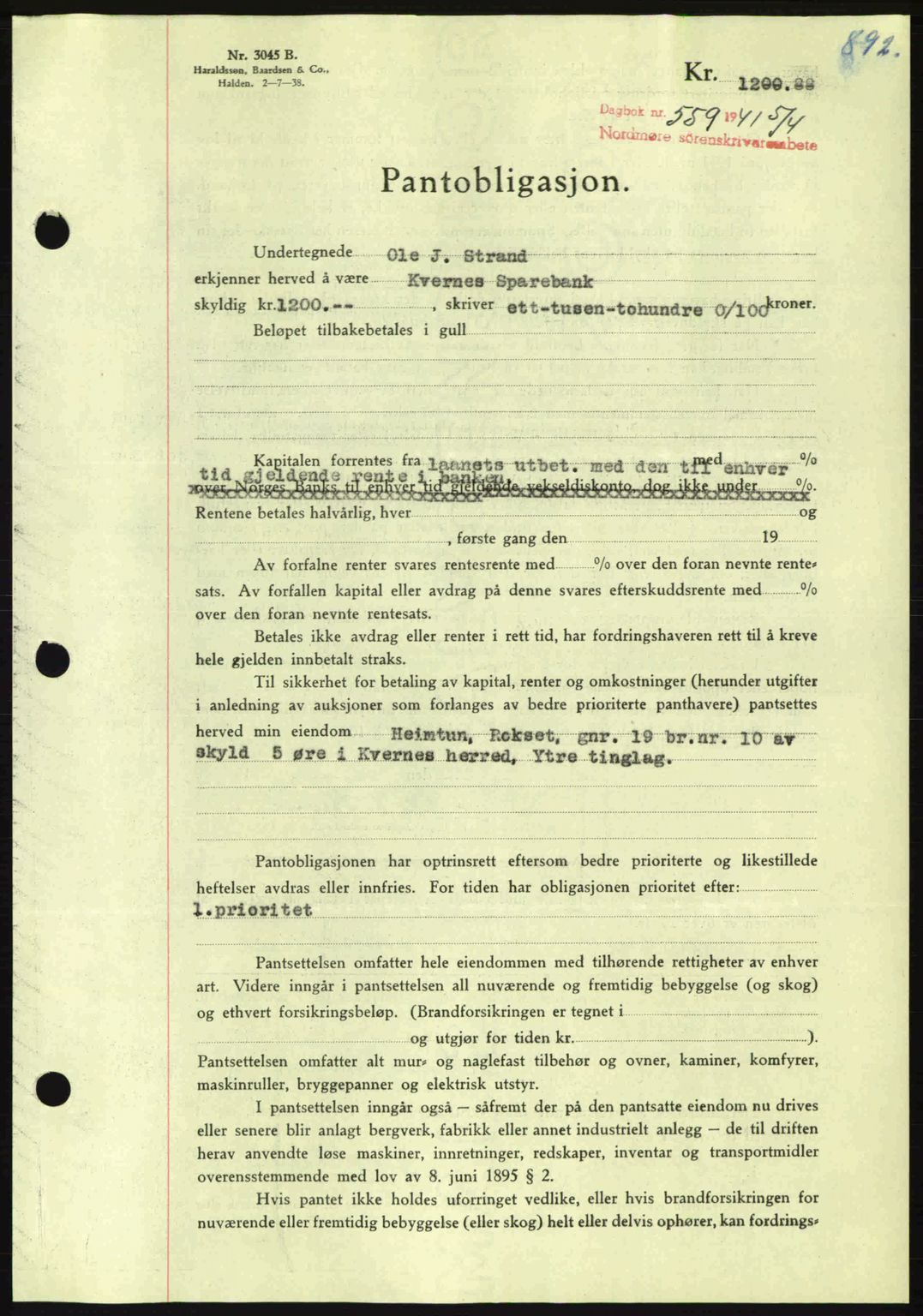 Nordmøre sorenskriveri, AV/SAT-A-4132/1/2/2Ca: Pantebok nr. B87, 1940-1941, Dagboknr: 559/1941