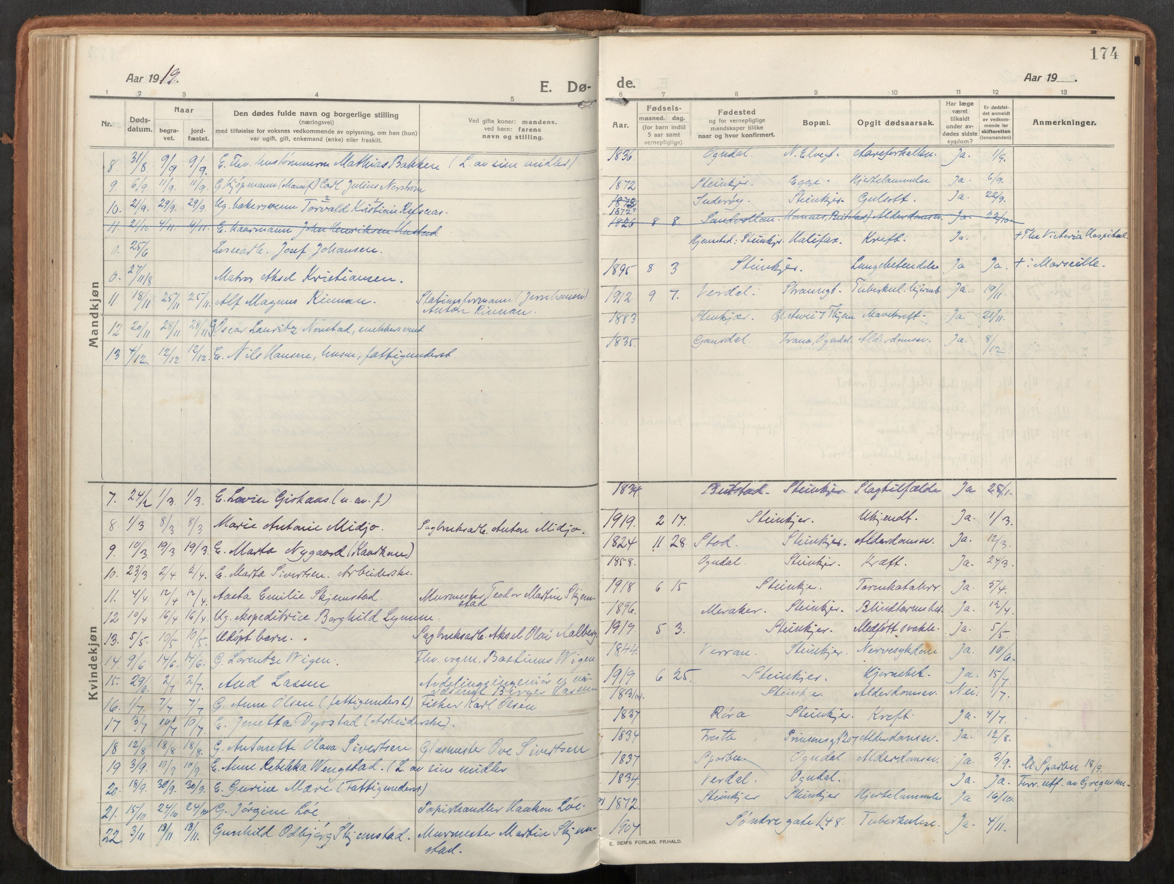 Steinkjer sokneprestkontor, AV/SAT-A-1541/01/H/Ha/Haa/L0003: Ministerialbok nr. 3, 1913-1922, s. 174
