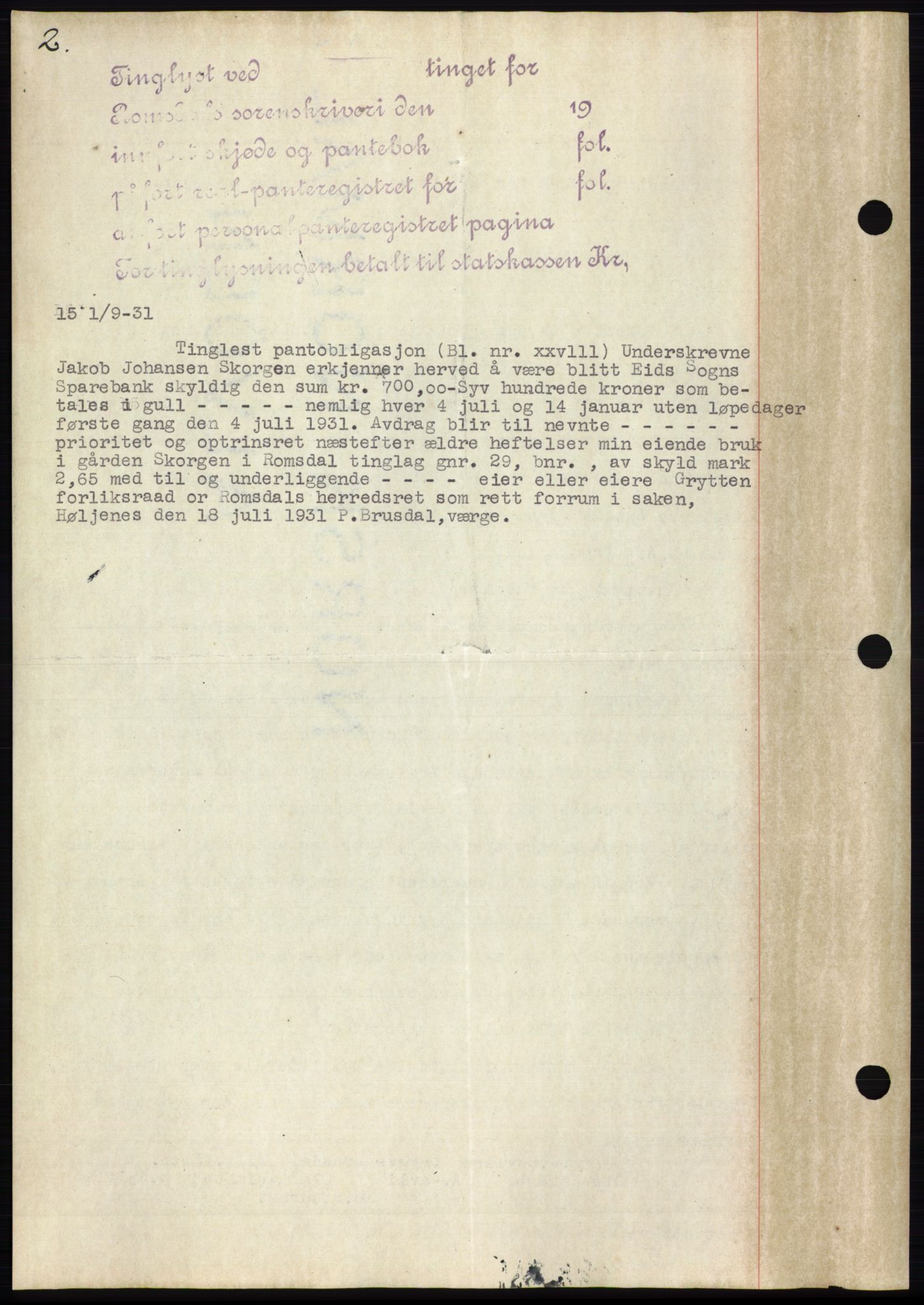 Romsdal sorenskriveri, AV/SAT-A-4149/1/2/2C/L0060: Pantebok nr. 54, 1931-1932, Tingl.dato: 01.09.1931