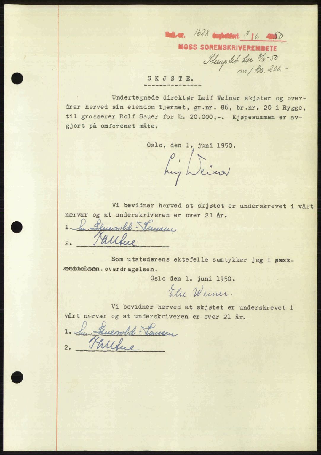 Moss sorenskriveri, SAO/A-10168: Pantebok nr. A26, 1950-1950, Dagboknr: 1628/1950