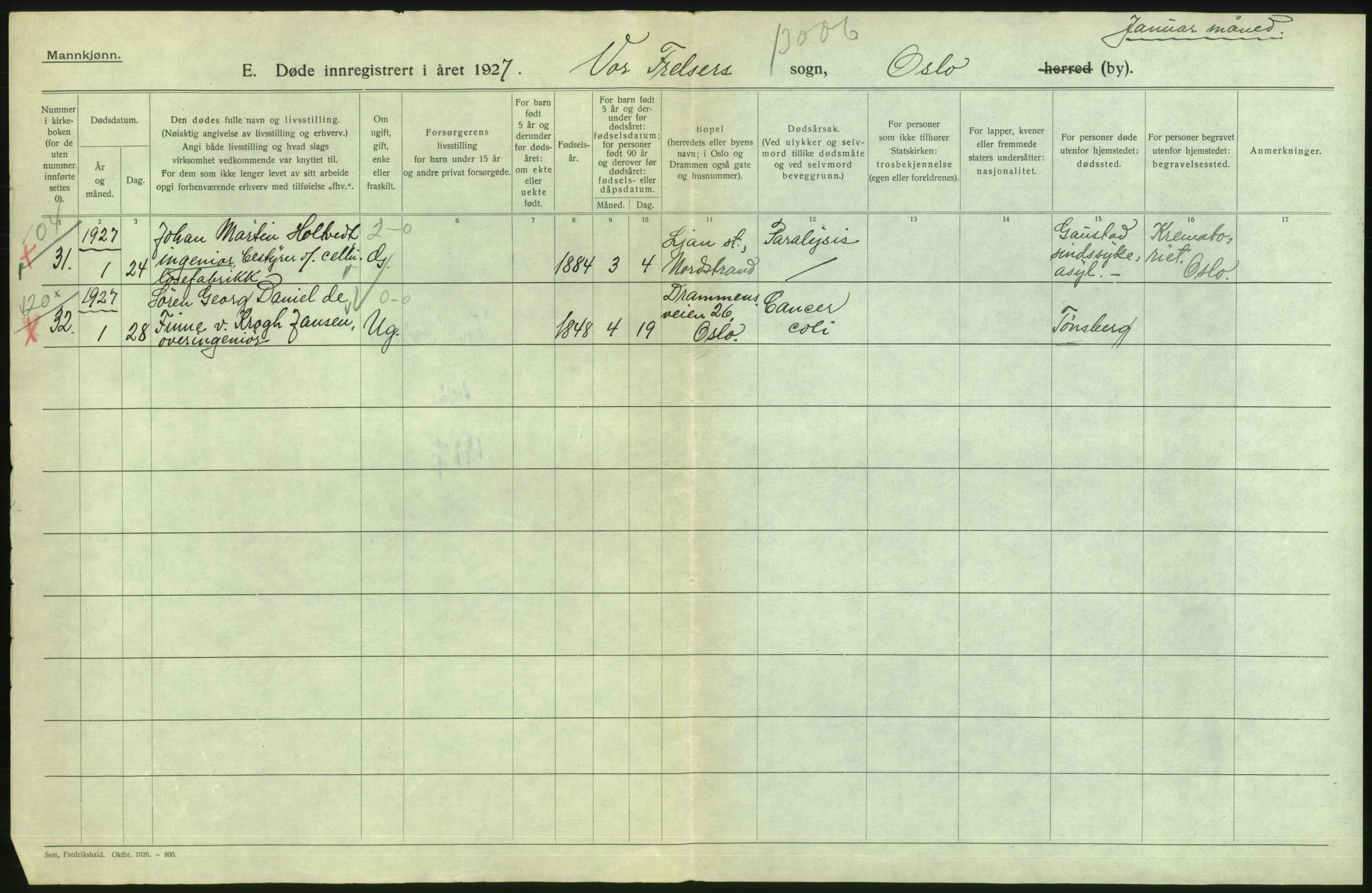 Statistisk sentralbyrå, Sosiodemografiske emner, Befolkning, AV/RA-S-2228/D/Df/Dfc/Dfcg/L0009: Oslo: Døde menn, 1927, s. 8