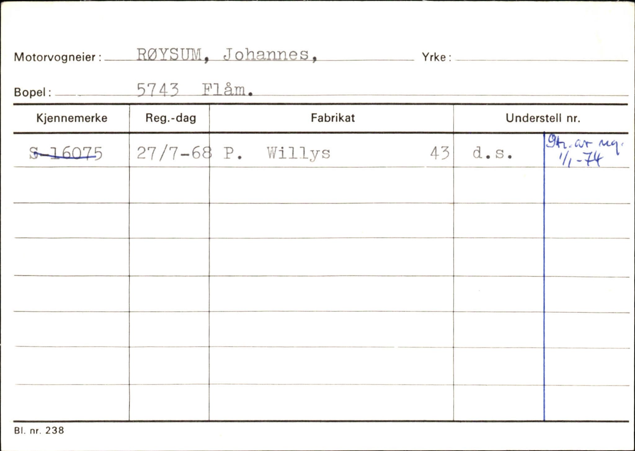 Statens vegvesen, Sogn og Fjordane vegkontor, SAB/A-5301/4/F/L0125: Eigarregister Sogndal V-Å. Aurland A-Å. Fjaler A-N, 1945-1975, s. 974