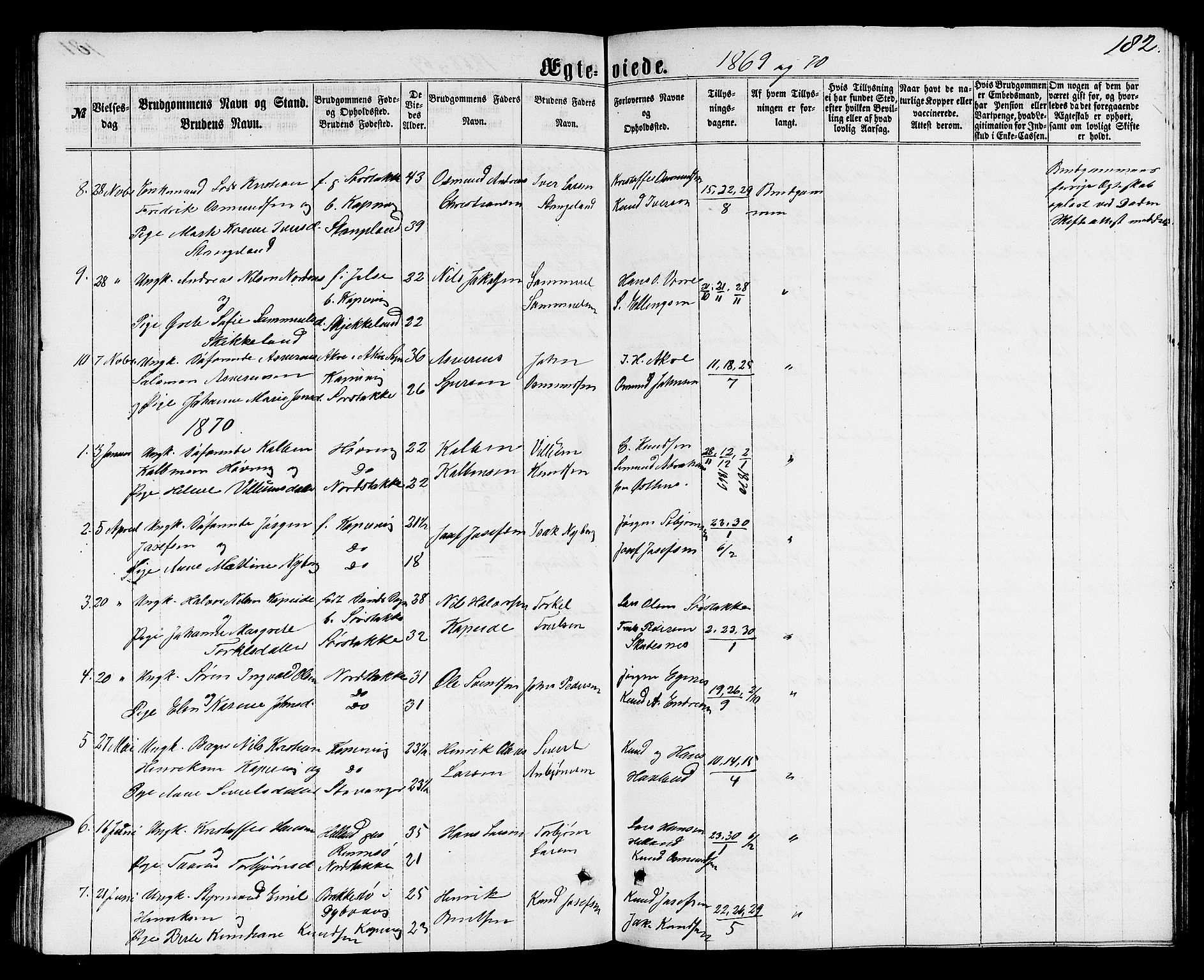 Avaldsnes sokneprestkontor, AV/SAST-A -101851/H/Ha/Hab/L0004: Klokkerbok nr. B 4, 1861-1876, s. 182