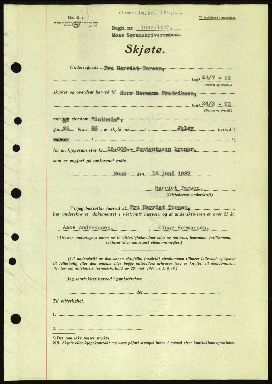 Moss sorenskriveri, SAO/A-10168: Pantebok nr. A3, 1937-1938, Dagboknr: 1063/1937