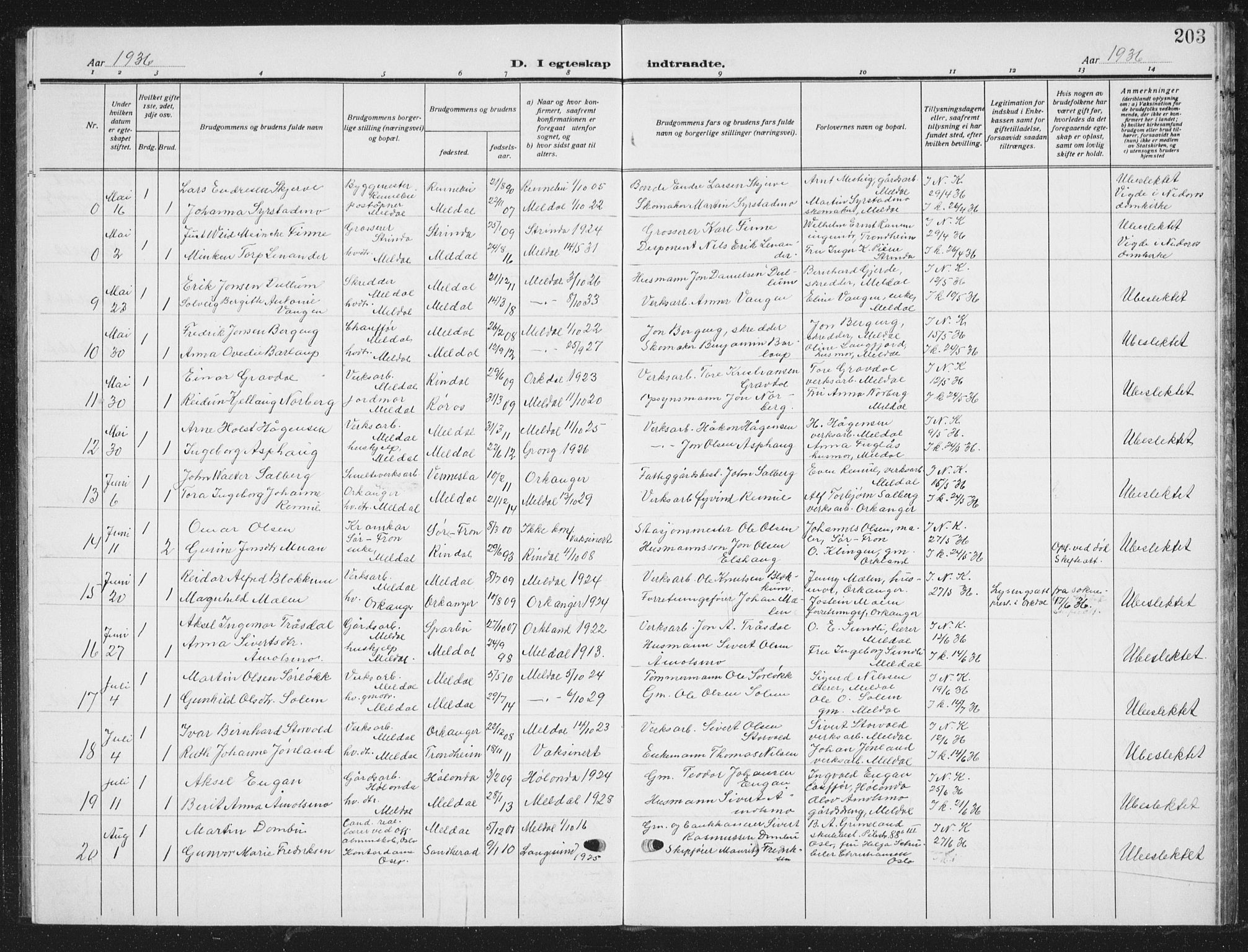 Ministerialprotokoller, klokkerbøker og fødselsregistre - Sør-Trøndelag, AV/SAT-A-1456/672/L0866: Klokkerbok nr. 672C05, 1929-1939, s. 203