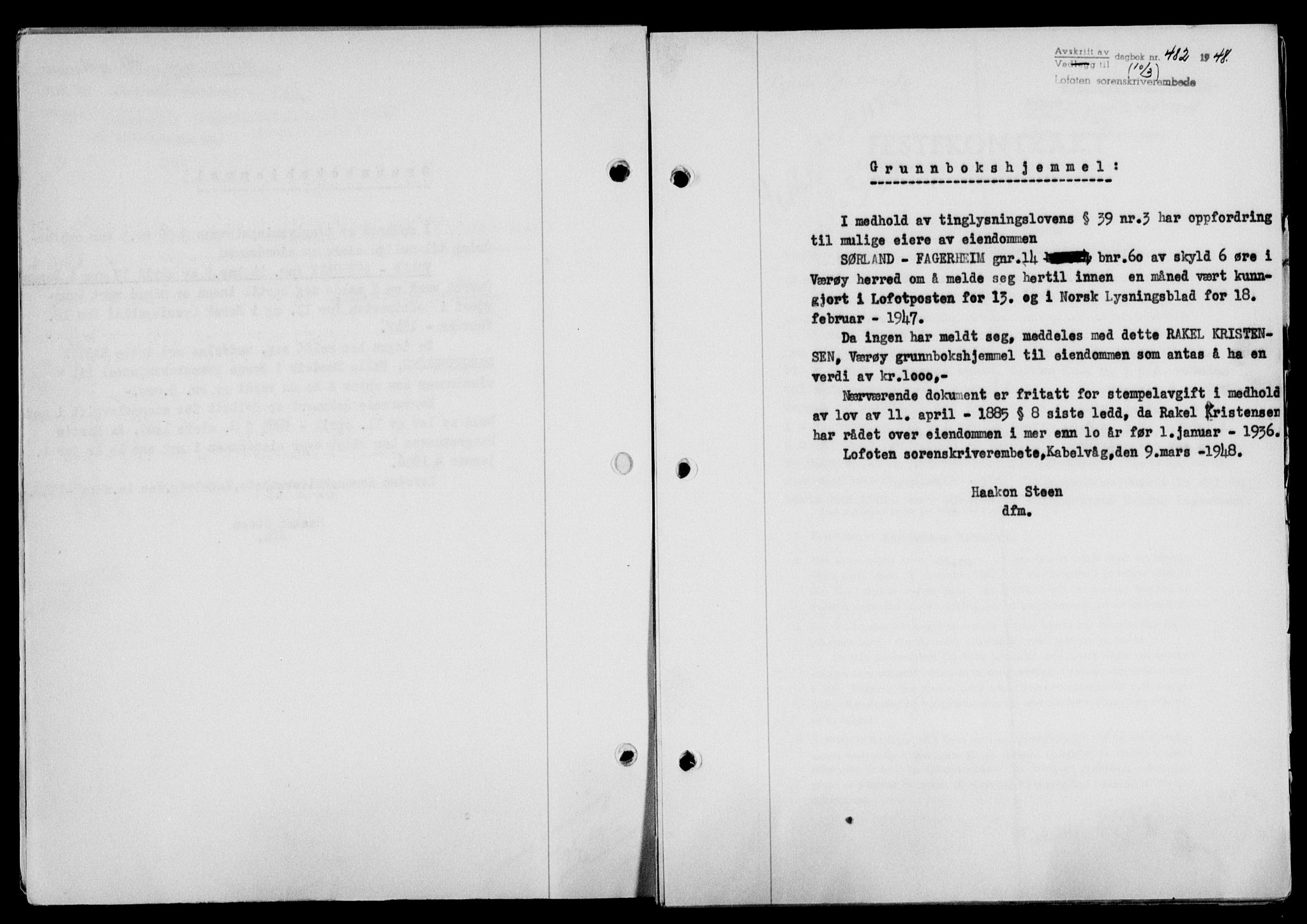 Lofoten sorenskriveri, SAT/A-0017/1/2/2C/L0018a: Pantebok nr. 18a, 1948-1948, Dagboknr: 482/1948