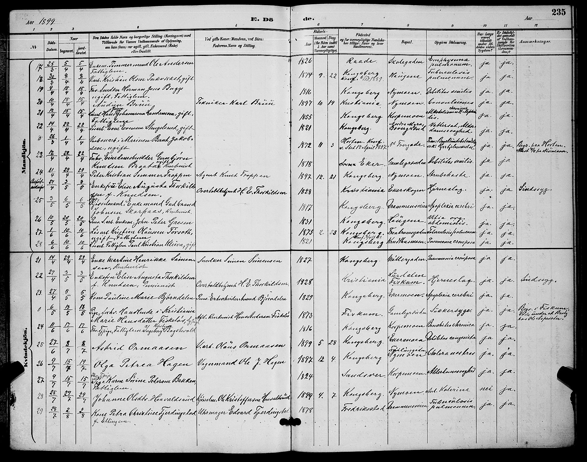 Kongsberg kirkebøker, AV/SAKO-A-22/G/Ga/L0006: Klokkerbok nr. 6, 1890-1901, s. 235