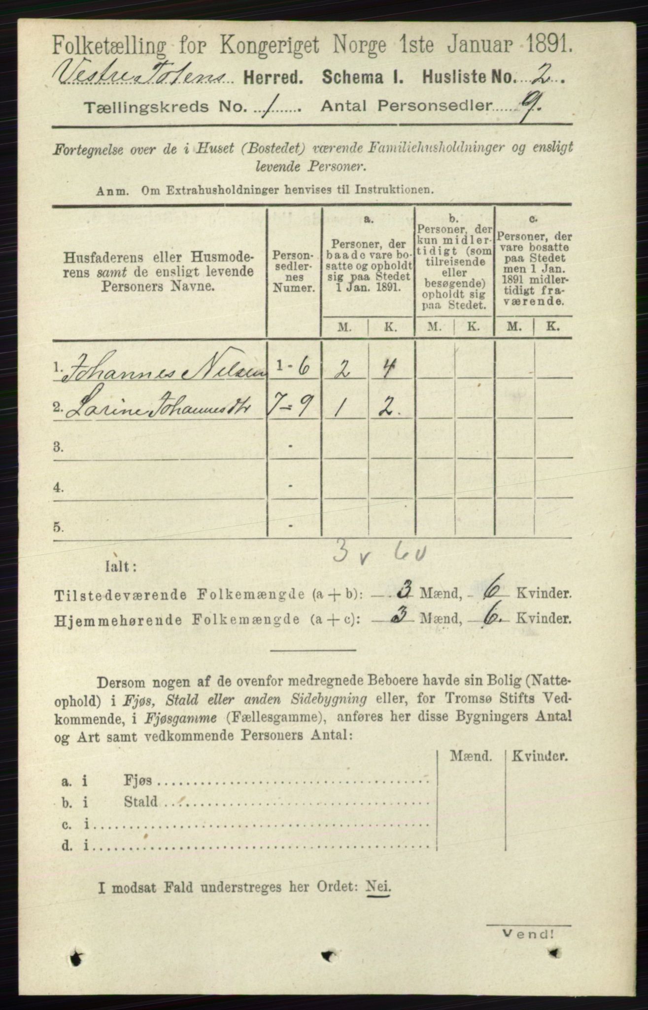 RA, Folketelling 1891 for 0529 Vestre Toten herred, 1891, s. 44