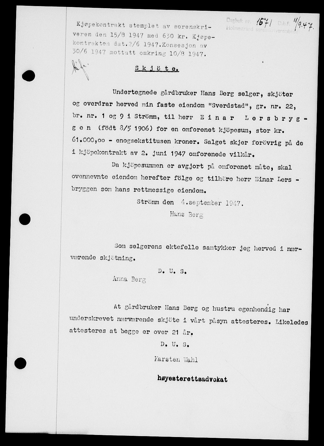 Holmestrand sorenskriveri, SAKO/A-67/G/Ga/Gaa/L0062: Pantebok nr. A-62, 1947-1947, Dagboknr: 1671/1947