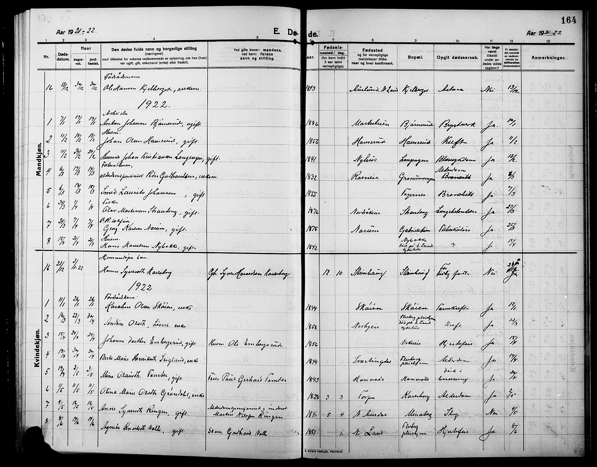 Søndre Land prestekontor, AV/SAH-PREST-122/L/L0006: Klokkerbok nr. 6, 1912-1925, s. 164