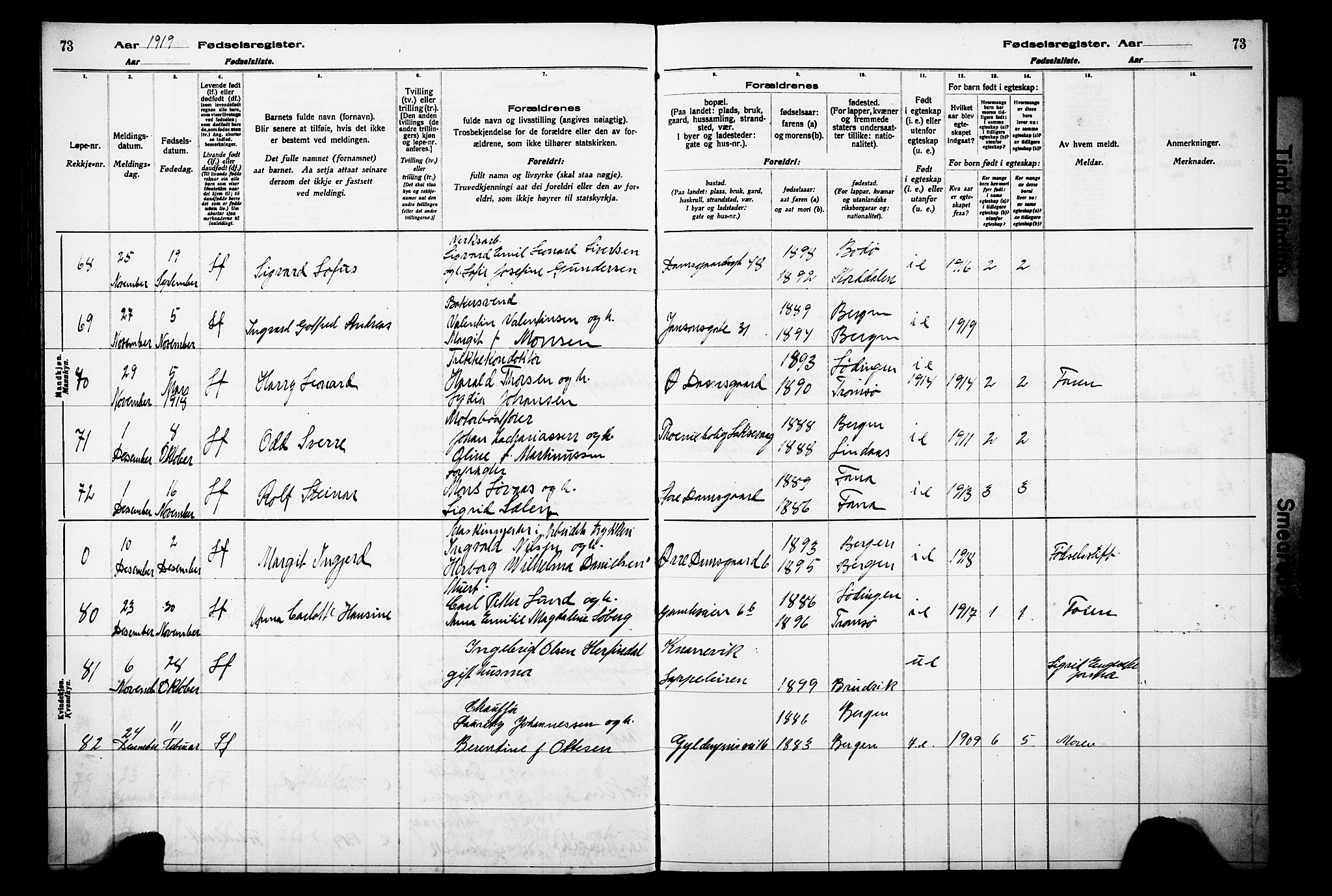 Laksevåg Sokneprestembete, AV/SAB-A-76501/I/Id/L00A1: Fødselsregister nr. A 1, 1916-1926, s. 73