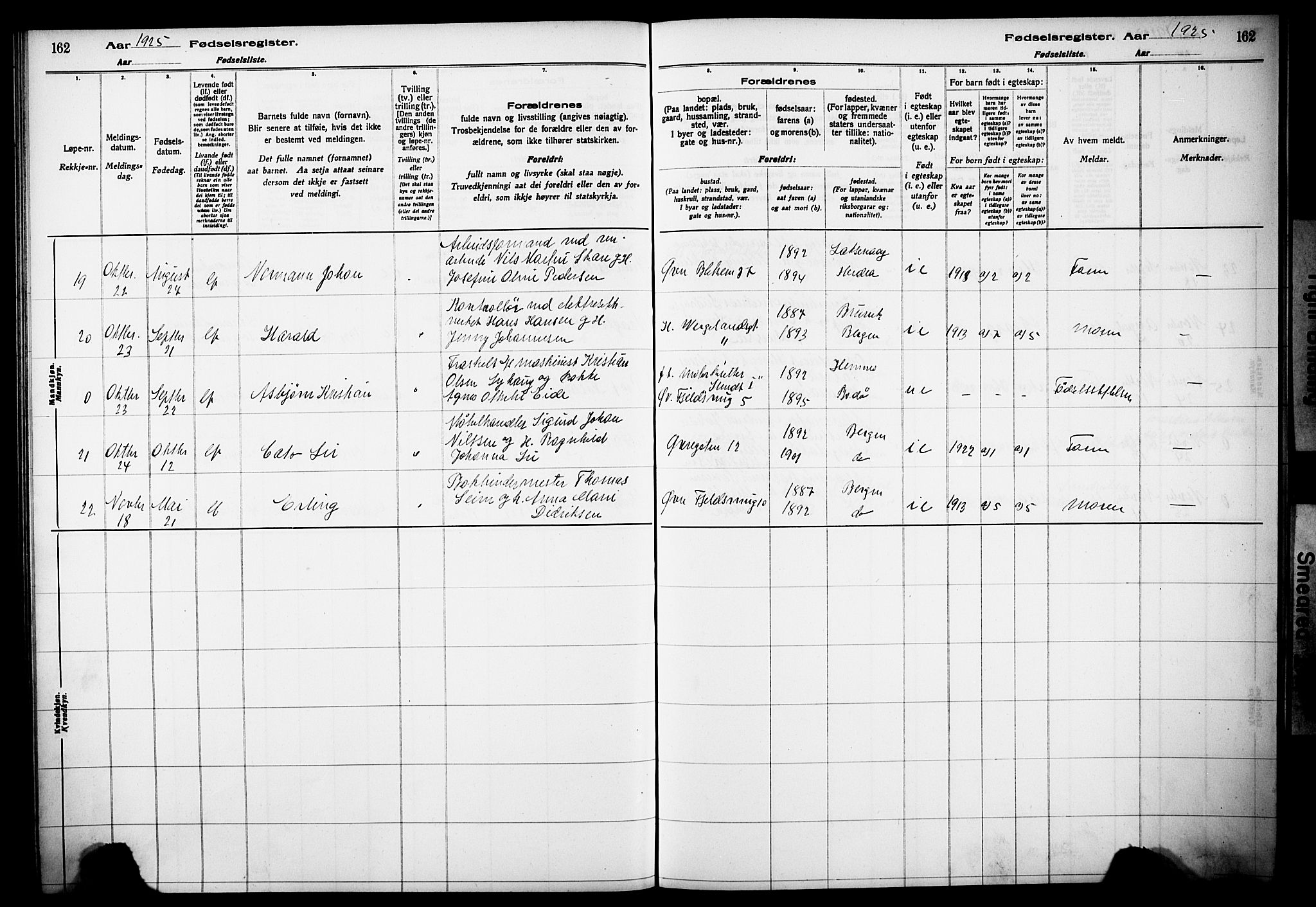 Korskirken sokneprestembete, AV/SAB-A-76101/I/Id/L00A1: Fødselsregister nr. A 1, 1916-1929, s. 162