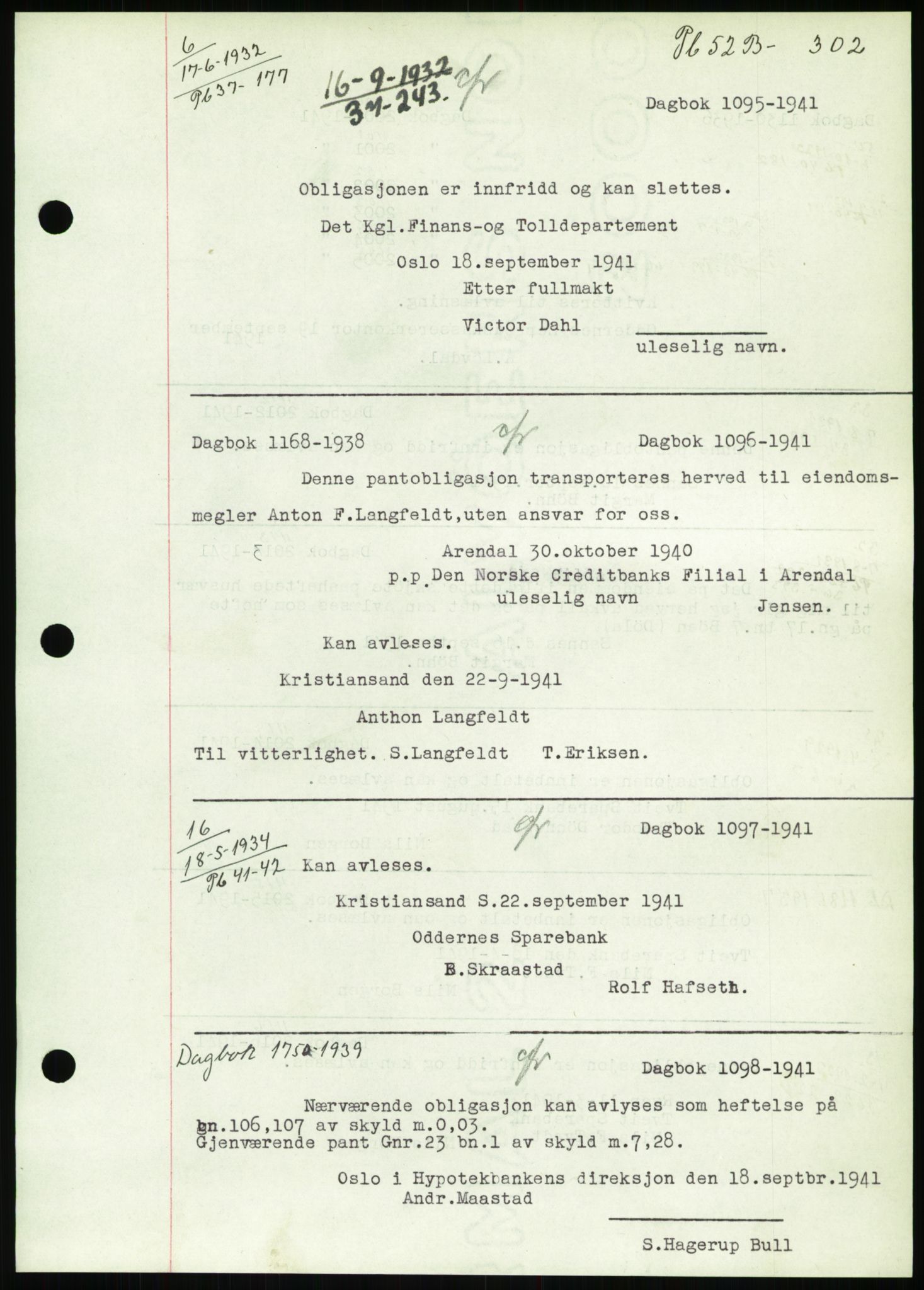 Torridal sorenskriveri, SAK/1221-0012/G/Gb/Gbb/L0008: Pantebok nr. 52b, 1940-1942, Dagboknr: 1095/1941