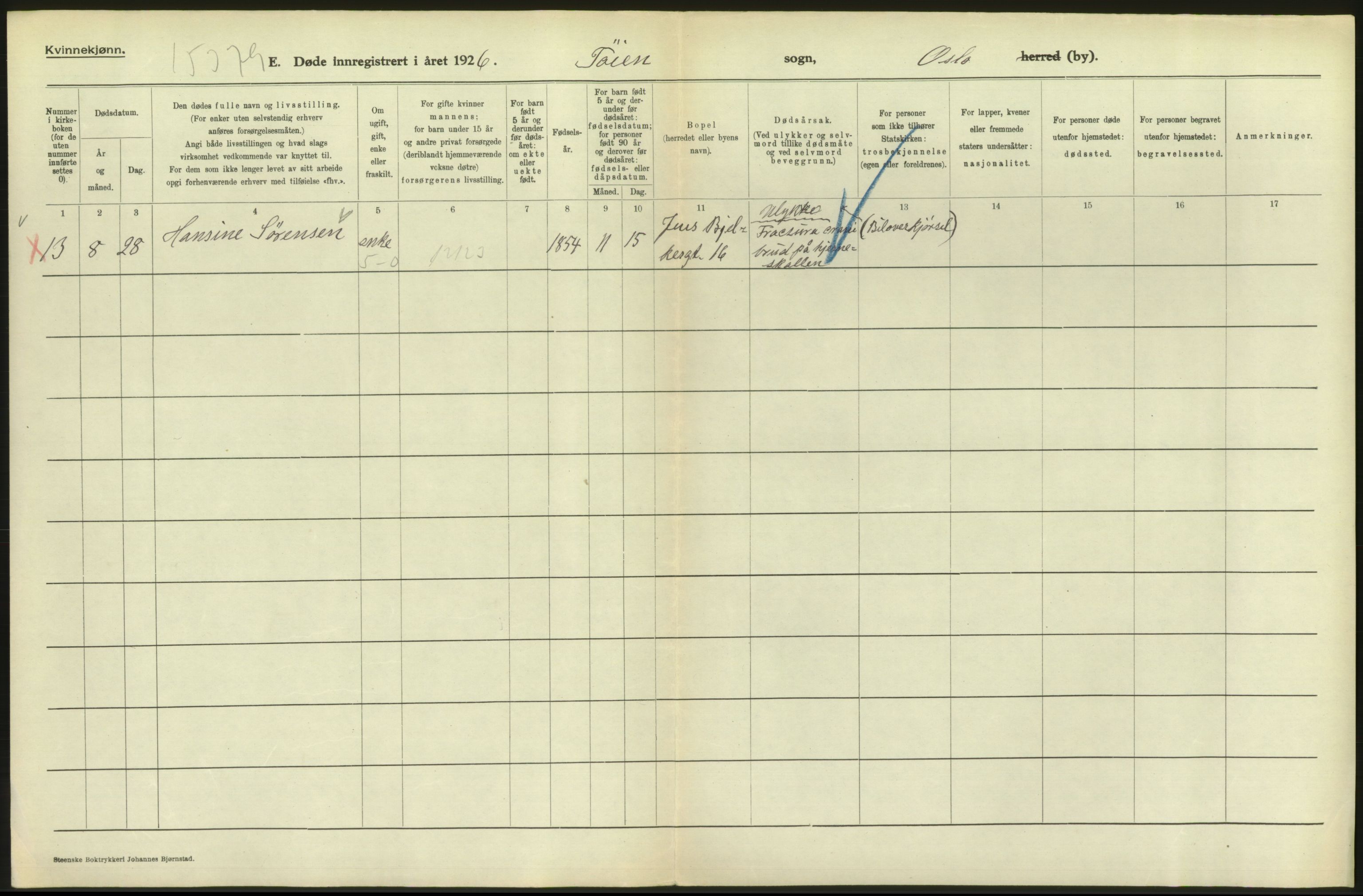 Statistisk sentralbyrå, Sosiodemografiske emner, Befolkning, AV/RA-S-2228/D/Df/Dfc/Dfcf/L0010: Oslo: Døde kvinner, dødfødte, 1926, s. 478