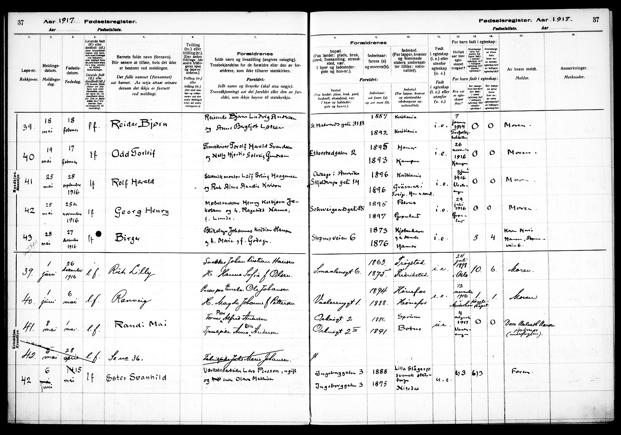 Vålerengen prestekontor Kirkebøker, AV/SAO-A-10878/J/Ja/L0001: Fødselsregister nr. 1, 1916-1924, s. 37