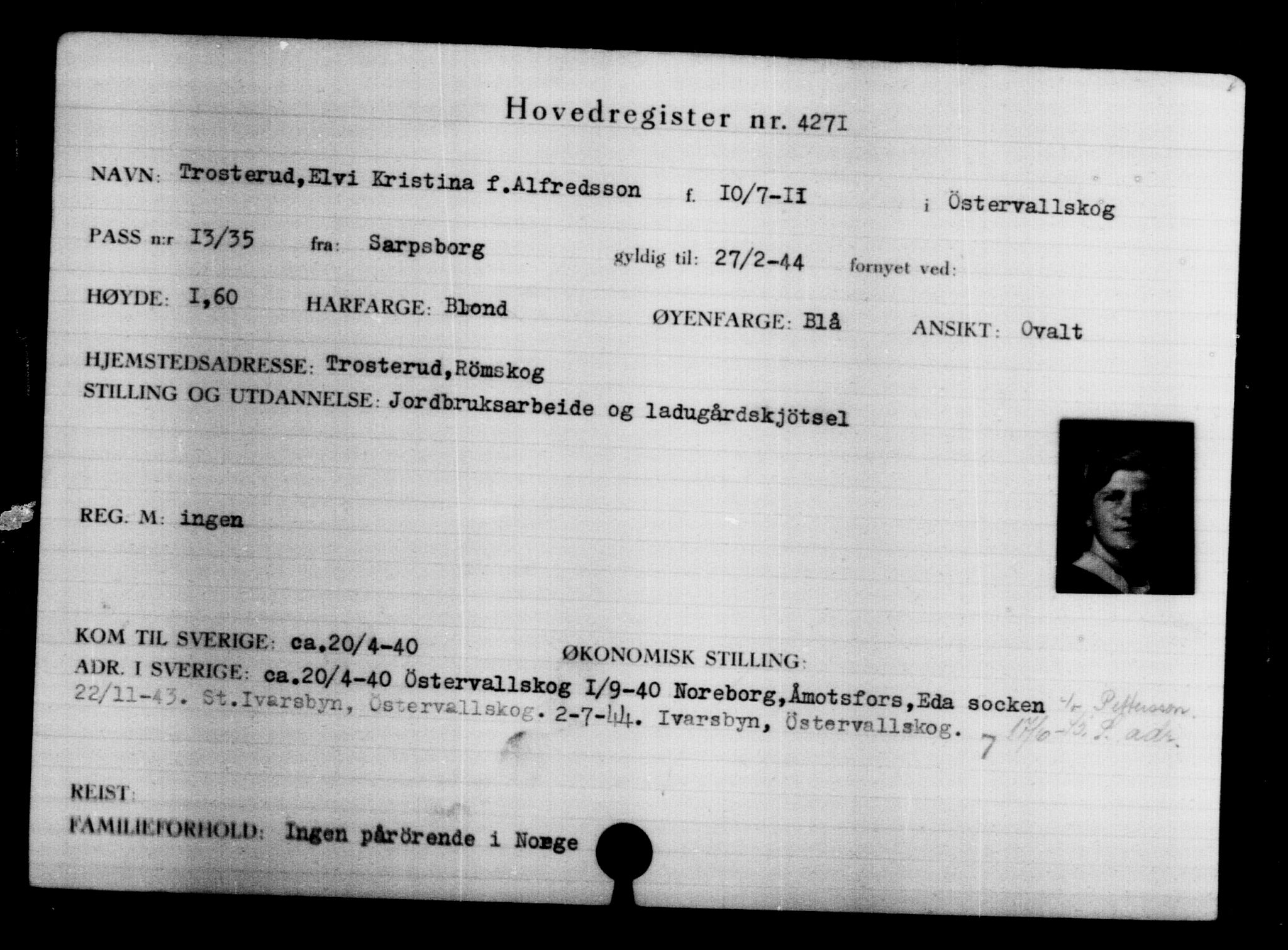 Utenriksstasjonene, Legasjonen i Stockholm, Flyktningkontoret, AV/RA-S-6753/V/Va/L0004: Kjesäterkartoteket, flyktninger med registreringsnr. 3496-6610, 1940-1945, s. 941