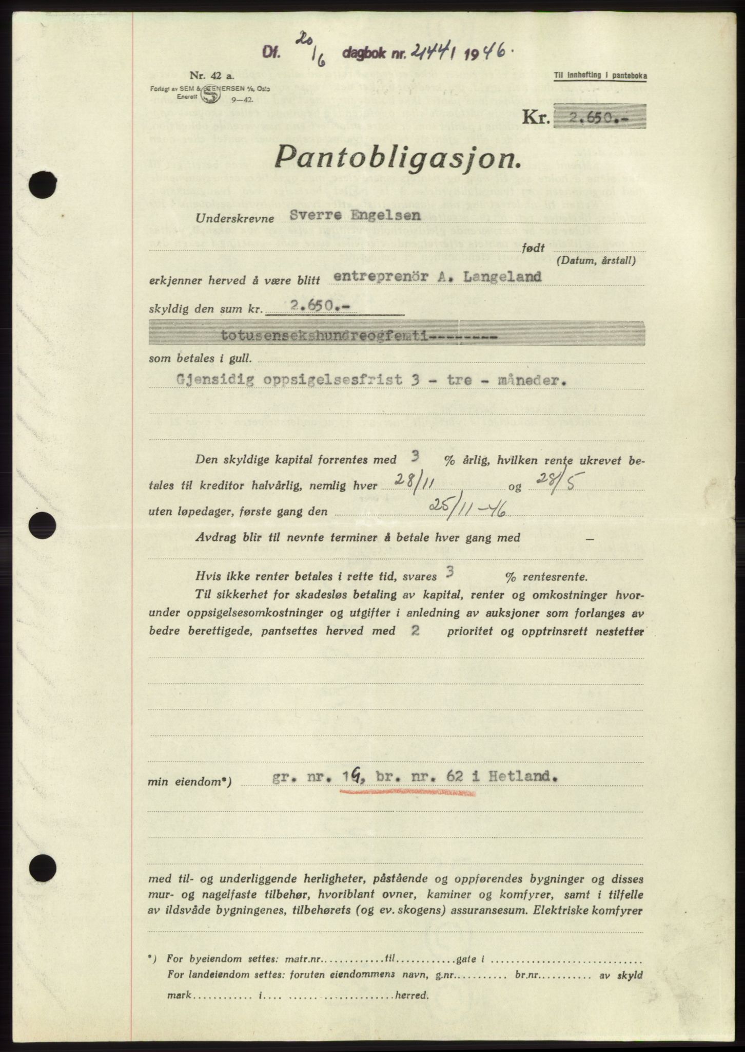 Jæren sorenskriveri, SAST/A-100310/03/G/Gba/L0090: Pantebok, 1946-1946, Dagboknr: 2144/1946