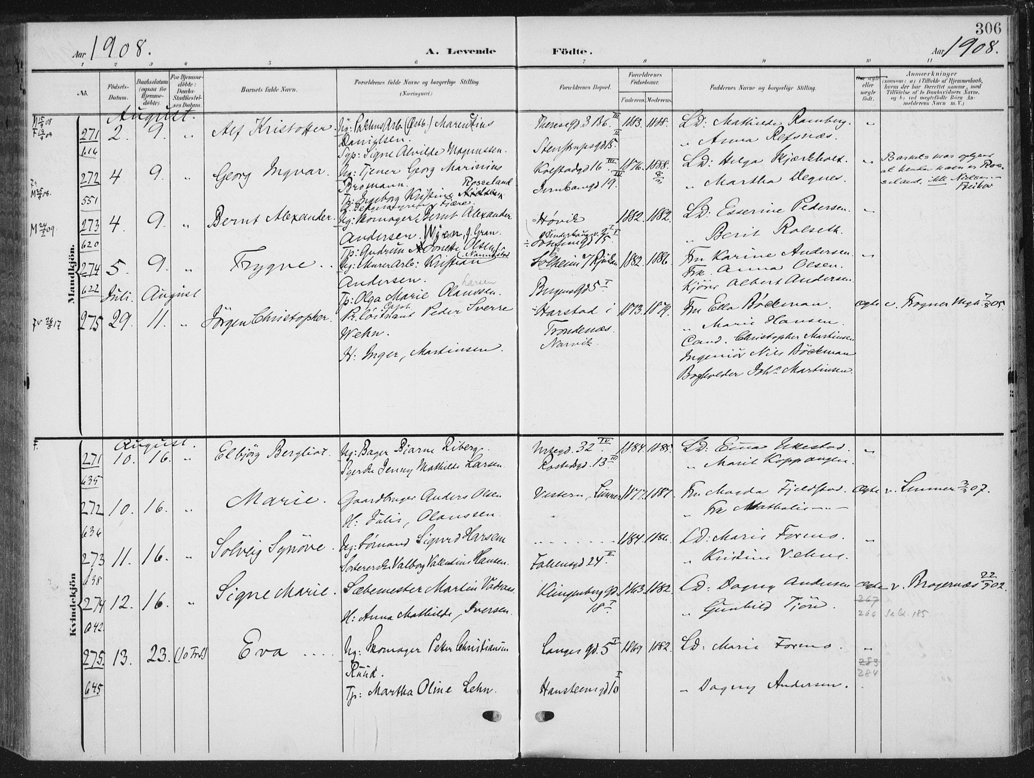 Rikshospitalet prestekontor Kirkebøker, AV/SAO-A-10309b/F/L0013: Ministerialbok nr. 13, 1905-1908, s. 306