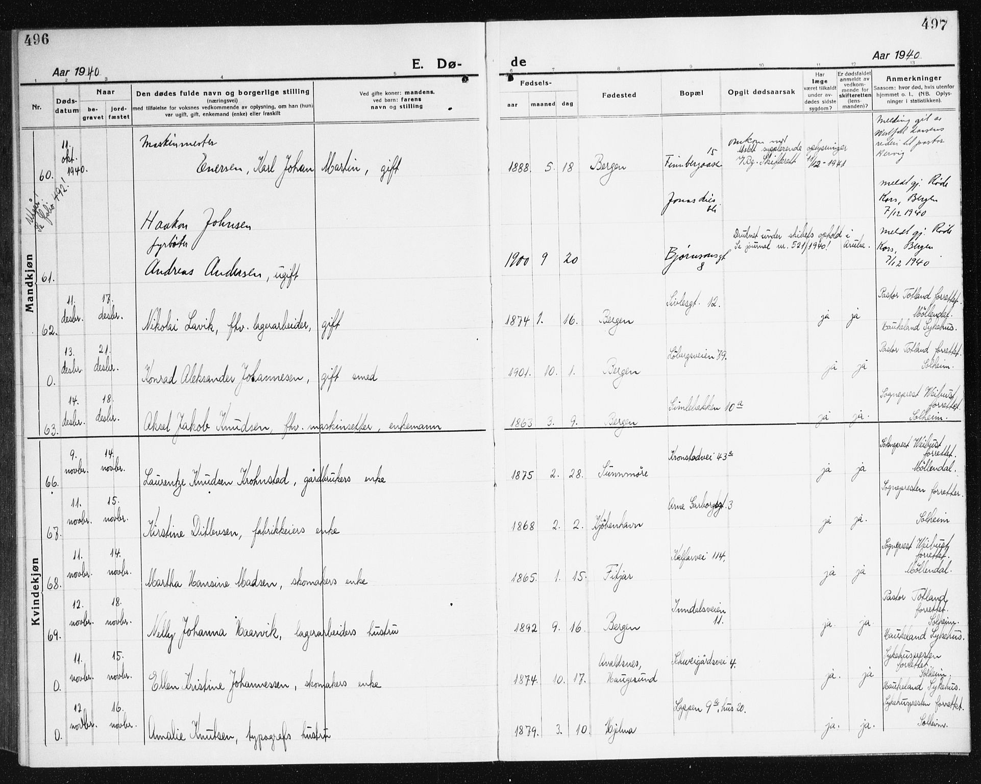 Årstad Sokneprestembete, AV/SAB-A-79301/H/Haa/L0010: Ministerialbok nr. E 1, 1921-1940, s. 496-497