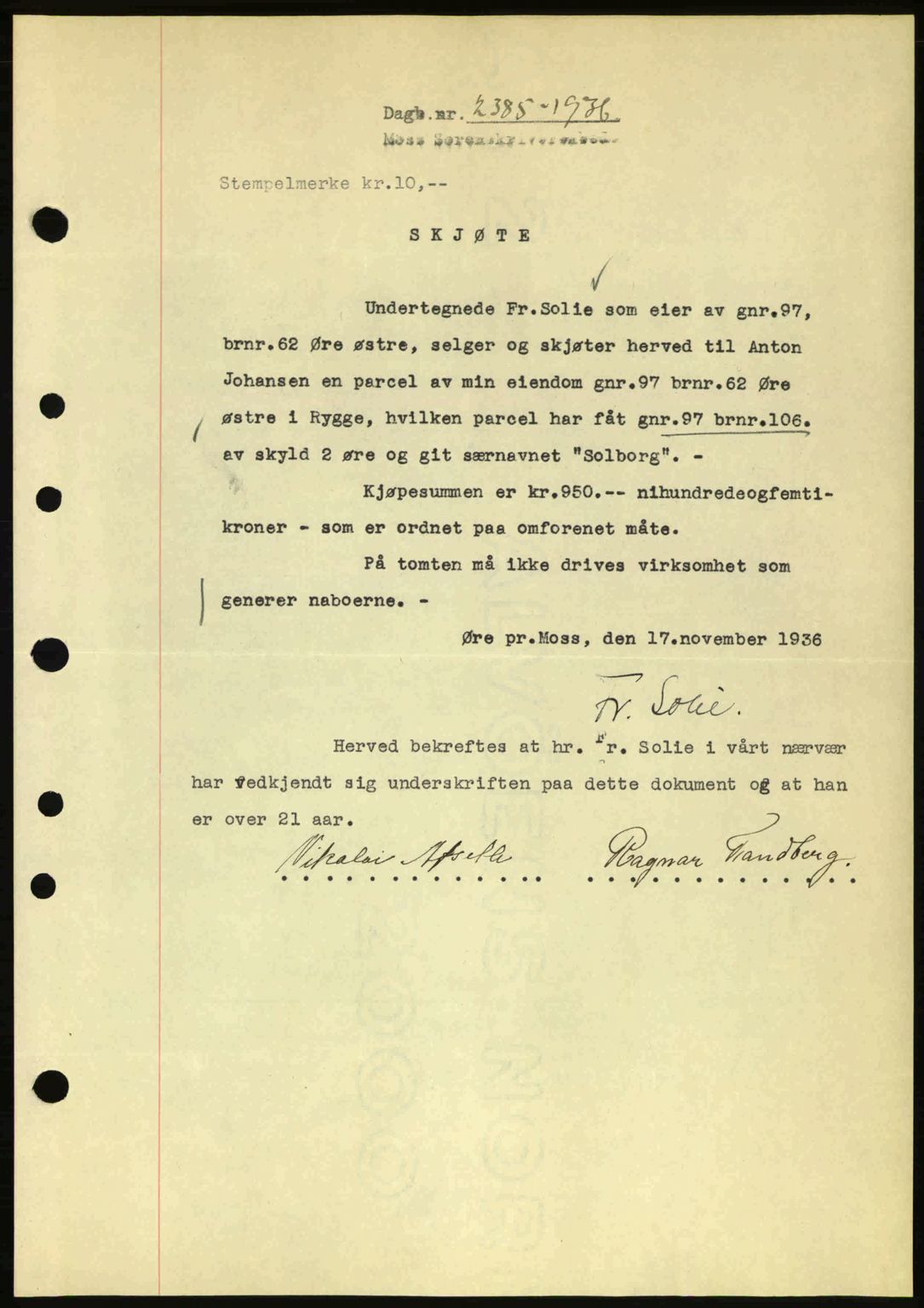 Moss sorenskriveri, SAO/A-10168: Pantebok nr. A2, 1936-1937, Dagboknr: 2385/1936