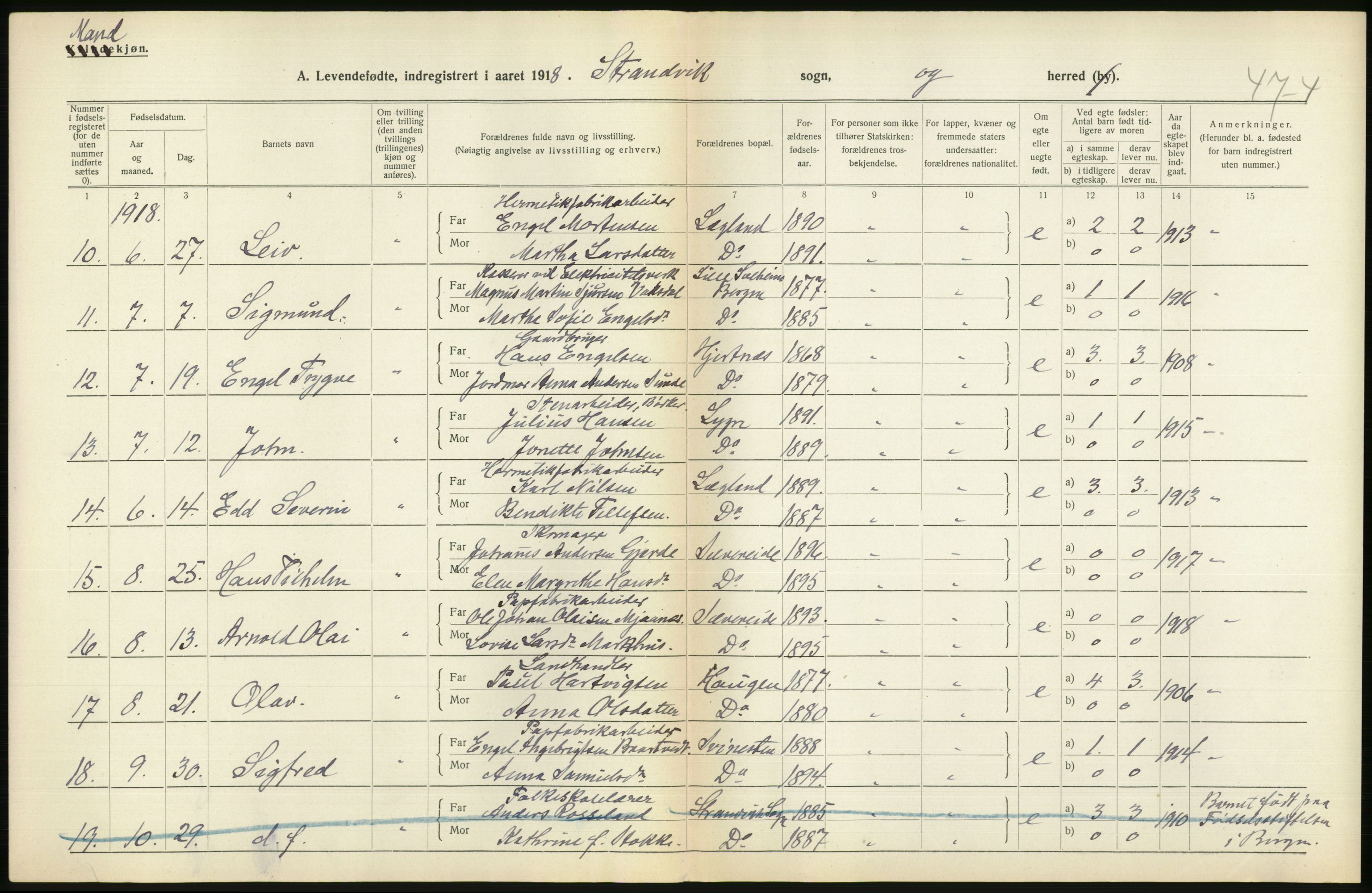 Statistisk sentralbyrå, Sosiodemografiske emner, Befolkning, RA/S-2228/D/Df/Dfb/Dfbh/L0034: Hordaland fylke: Levendefødte menn og kvinner. Bygder., 1918, s. 560