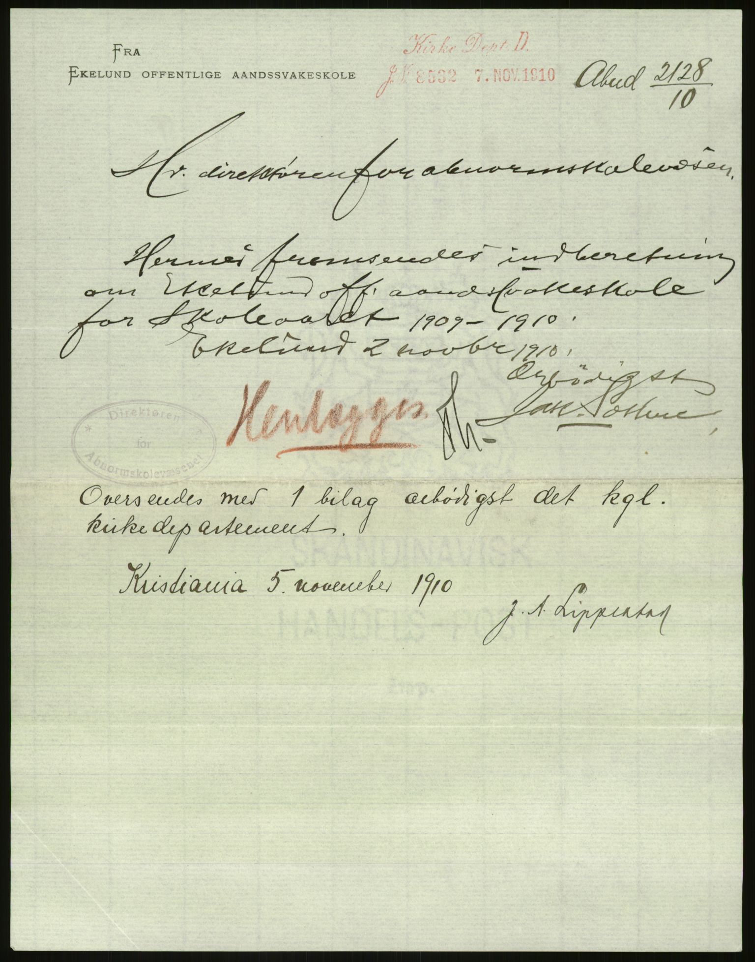Kirke- og undervisningsdepartementet, 1. skolekontor D, AV/RA-S-1021/F/Fh/Fhr/L0098: Eikelund off. skole for evneveike, 1897-1947, s. 1184